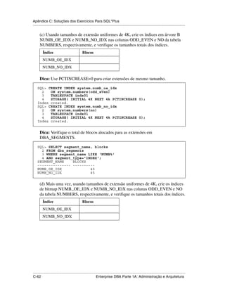 Apêndice C: Soluções dos Exercícios Para SQL*Plus
.....................................................................................................................................................

      (c) Usando tamanhos de extensão uniformes de 4K, crie os índices em árvore B
      NUMB_OE_IDX e NUMB_NO_IDX nas colunas ODD_EVEN e NO da tabela
      NUMBERS, respectivamente, e verifique os tamanhos totais dos índices.
         Índice                                 Blocos
         NUMB_OE_IDX
         NUMB_NO_IDX

      Dica: Use PCTINCREASE=0 para criar extensões de mesmo tamanho.

    SQL> CREATE INDEX system.numb_oe_idx
      2   ON system.numbers(odd_even)
      3   TABLESPACE indx01
      4   STORAGE( INITIAL 4K NEXT 4k PCTINCREASE 0);
    Index created.
    SQL> CREATE INDEX system.numb_no_idx
      2   ON system.numbers(no)
      3   TABLESPACE indx01
      4   STORAGE( INITIAL 4K NEXT 4k PCTINCREASE 0);
    Index created.


      Dica: Verifique o total de blocos alocados para as extensões em
      DBA_SEGMENTS.

    SQL> SELECT segment_name, blocks
      2 FROM dba_segments
      3 WHERE segment_name LIKE 'NUMB%'
      4 AND segment_type='INDEX';
    SEGMENT_NAME    BLOCKS
    --------------- ----------
    NUMB_OE_IDX             40
    NUMB_NO_IDX             45


      (d) Mais uma vez, usando tamanhos de extensão uniformes de 4K, crie os índices
      de bitmap NUMB_OE_IDX e NUMB_NO_IDX nas colunas ODD_EVEN e NO
      da tabela NUMBERS, respectivamente, e verifique os tamanhos totais dos índices.
         Índice                                 Blocos
         NUMB_OE_IDX
         NUMB_NO_IDX




.....................................................................................................................................................
C-62                                                         Enterprise DBA Parte 1A: Administração e Arquitetura
 