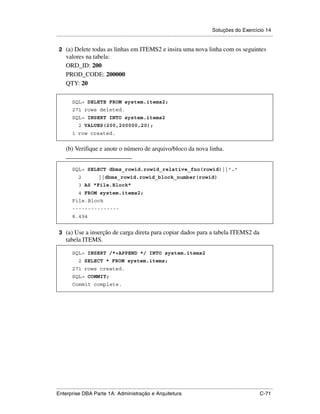 Soluções do Exercício 14
.....................................................................................................................................................

 2 (a) Delete todas as linhas em ITEMS2 e insira uma nova linha com os seguintes
      valores na tabela:
      ORD_ID: 200
      PROD_CODE: 200000
      QTY: 20

          SQL> DELETE FROM system.items2;
          271 rows deleted.
          SQL> INSERT INTO system.items2
               2 VALUES(200,200000,20);
          1 row created.


      (b) Verifique e anote o número de arquivo/bloco da nova linha.
      _____________________

          SQL> SELECT dbms_rowid.rowid_relative_fno(rowid)||'.'
               2            ||dbms_rowid.rowid_block_number(rowid)
               3 AS "File.Block"
               4 FROM system.items2;
          File.Block
          ---------------
          8.494


 3 (a) Use a inserção de carga direta para copiar dados para a tabela ITEMS2 da
      tabela ITEMS.

          SQL> INSERT /*+APPEND */ INTO system.items2
               2 SELECT * FROM system.items;
          271 rows created.
          SQL> COMMIT;
          Commit complete.




.....................................................................................................................................................
Enterprise DBA Parte 1A: Administração e Arquitetura                                                                                        C-71
 