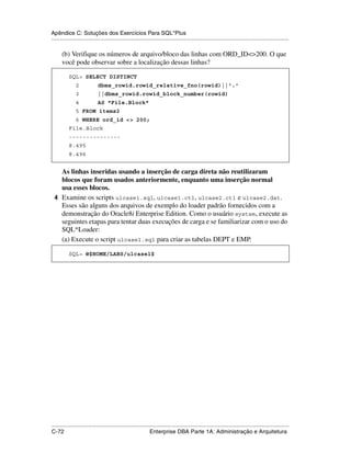 Apêndice C: Soluções dos Exercícios Para SQL*Plus
.....................................................................................................................................................

      (b) Verifique os números de arquivo/bloco das linhas com ORD_ID<>200. O que
      você pode observar sobre a localização dessas linhas?

           SQL> SELECT DISTINCT
               2             dbms_rowid.rowid_relative_fno(rowid)||'.'
               3             ||dbms_rowid.rowid_block_number(rowid)
               4             AS "File.Block"
               5 FROM items2
               6 WHERE ord_id <> 200;
           File.Block
           ---------------
           8.495
           8.496


   As linhas inseridas usando a inserção de carga direta não reutilizaram
   blocos que foram usados anteriormente, enquanto uma inserção normal
   usa esses blocos.
 4 Examine os scripts ulcase1.sql, ulcase1.ctl, ulcase2.ctl e ulcase2.dat .
   Esses são alguns dos arquivos de exemplo do loader padrão fornecidos com a
   demonstração do Oracle8i Enterprise Edition. Como o usuário system, execute as
   seguintes etapas para tentar duas execuções de carga e se familiarizar com o uso do
   SQL*Loader:
   (a) Execute o script ulcase1.sql para criar as tabelas DEPT e EMP.

           SQL> @$HOME/LABS/ulcase1$




.....................................................................................................................................................
C-72                                                         Enterprise DBA Parte 1A: Administração e Arquitetura
 