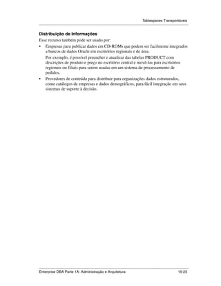 Tablespaces Transportáveis
.....................................................................................................................................................

Distribuição de Informações
Esse recurso também pode ser usado por:
• Empresas para publicar dados em CD-ROMs que podem ser facilmente integrados
   a bancos de dados Oracle em escritórios regionais e de área.
   Por exemplo, é possível preencher e atualizar das tabelas PRODUCT com
   descrições de produto e preço no escritório central e movê-las para escritórios
   regionais ou filiais para serem usadas em um sistema de processamento de
   pedidos.
• Provedores de conteúdo para distribuir para organizações dados estruturados,
   como catálogos de empresas e dados demográficos, para fácil integração em seus
   sistemas de suporte à decisão.




.....................................................................................................................................................
Enterprise DBA Parte 1A: Administração e Arquitetura                                                                                       15-25
 