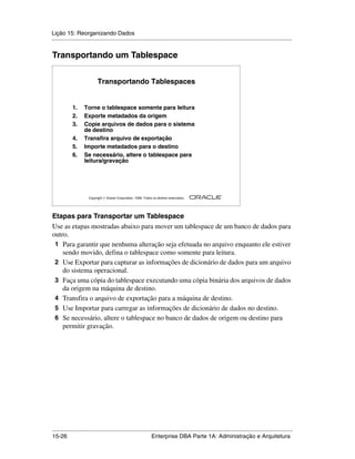 Lição 15: Reorganizando Dados
.....................................................................................................................................................


Transportando um Tablespace

                            Transportando Tablespaces


            1.      Torne o tablespace somente para leitura
            2.      Exporte metadados da origem
            3.      Copie arquivos de dados para o sistema
                    de destino
            4.      Transfira arquivo de exportação
            5.      Importe metadados para o destino
            6.      Se necessário, altere o tablespace para
                    leitura/gravação




                                                                                                         ®

                      Copyright  Oracle Corporation, 1999. Todos os direitos reservados.




Etapas para Transportar um Tablespace
Use as etapas mostradas abaixo para mover um tablespace de um banco de dados para
outro.
 1 Para garantir que nenhuma alteração seja efetuada no arquivo enquanto ele estiver
    sendo movido, defina o tablespace como somente para leitura.
 2 Use Exportar para capturar as informações de dicionário de dados para um arquivo
    do sistema operacional.
 3 Faça uma cópia do tablespace executando uma cópia binária dos arquivos de dados
    da origem na máquina de destino.
 4 Transfira o arquivo de exportação para a máquina de destino.
 5 Use Importar para carregar as informações de dicionário de dados no destino.
 6 Se necessário, altere o tablespace no banco de dados de origem ou destino para
    permitir gravação.




.....................................................................................................................................................
15-26                                                         Enterprise DBA Parte 1A: Administração e Arquitetura
 
