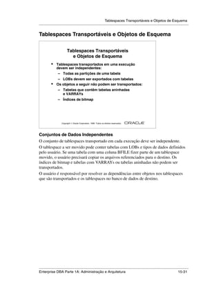 Tablespaces Transportáveis e Objetos de Esquema
.....................................................................................................................................................


Tablespaces Transportáveis e Objetos de Esquema

                           Tablespaces Transportáveis
                             e Objetos de Esquema
            •    Tablespaces transportados em uma execução
                 devem ser independentes:
                  – Todas as partições de uma tabela
                  – LOBs devem ser exportados com tabelas
            •    Os objetos a seguir não podem ser transportados:
                  – Tabelas que contêm tabelas aninhadas
                    e VARRAYs
                  – Índices de bitmap




                                                                                                        ®

                      Copyright  Oracle Corporation, 1999. Todos os direitos reservados.




Conjuntos de Dados Independentes
O conjunto de tablespaces transportado em cada execução deve ser independente.
O tablespace a ser movido pode conter tabelas com LOBs e tipos de dados definidos
pelo usuário. Se uma tabela com uma coluna BFILE fizer parte de um tablespace
movido, o usuário precisará copiar os arquivos referenciados para o destino. Os
índices de bitmap e tabelas com VARRAYs ou tabelas aninhadas não podem ser
transportados.
O usuário é responsável por resolver as dependências entre objetos nos tablespaces
que são transportados e os tablespaces no banco de dados de destino.




.....................................................................................................................................................
Enterprise DBA Parte 1A: Administração e Arquitetura                                                                                       15-31
 