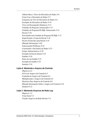 Sumário
.....................................................................................................................................................

            Tabelas-Base e Views de Dicionário de Dados 5-6
            Como Usar o Dicionário de Dados 5-7
            Categorias de View de Dicionário de Dados 5-8
            Exemplos de Dicionário de Dados 5-10
            Views de Desempenho Dinâmicas 5-11
            Unidades de Programa Armazenado 5-12
            Unidades de Programa PL/SQL Armazenado 5-14
            Pacotes 5-16
            Executando uma Unidade de Programa PL/SQL 5-17
            Especificação e Corpo do Pacote 5-18
            Pacotes Fornecidos pela Oracle 5-19
            Obtendo Informações 5-20
            Solucionando Problemas 5-22
            Construindo o Dicionário de Dados 5-23
            Scripts Administrativos 5-25
            Exemplo de Pacote Interno 5-27
            Gatilhos 5-29
            Partes de um Gatilho 5-31
            Exemplo de Gatilho 5-33
            Sumário 5-34

Lição 6: Mantendo o Arquivo de Controle
      Objetivos 6-2
      O Uso do Arquivo de Controle 6-3
      Conteúdo do Arquivo de Controle 6-4
      Multiplexando o Arquivo de Controle 6-6
      Diretrizes Para Arquivos de Controle 6-8
      Obtendo Informações Sobre o Arquivo de Controle 6-10
      Sumário 6-12

Lição 7: Mantendo Arquivos de Redo Log
      Objetivos 7-2
      Visão Geral 7-3
      Usando Arquivos de Redo On-line 7-4




.....................................................................................................................................................
Enterprise DBA Parte 1A: Administração e Arquitetura                                                                                              v
 