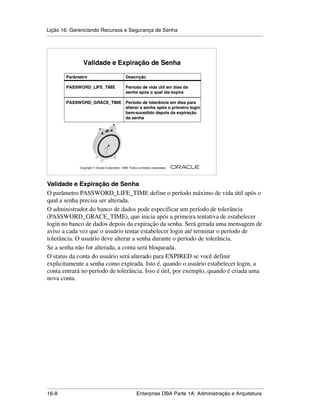 Lição 16: Gerenciando Recursos e Segurança de Senha
.....................................................................................................................................................




                         Validade e Expiração de Senha

             Parâmetro                                   Descrição

             PASSWORD_LIFE_TIME                          Período de vida útil em dias da
                                                         senha após o qual ela expira

             PASSWORD_GRACE_TIME Período de tolerância em dias para
                                 alterar a senha após o primeiro login
                                 bem-sucedido depois da expiração
                                 da senha




                                                                                                         ®

                      Copyright  Oracle Corporation, 1999. Todos os direitos reservados.




Validade e Expiração de Senha
O parâmetro PASSWORD_LIFE_TIME define o período máximo de vida útil após o
qual a senha precisa ser alterada.
O administrador do banco de dados pode especificar um período de tolerância
(PASSWORD_GRACE_TIME), que inicia após a primeira tentativa de estabelecer
login no banco de dados depois da expiração da senha. Será gerada uma mensagem de
aviso a cada vez que o usuário tentar estabelecer login até terminar o período de
tolerância. O usuário deve alterar a senha durante o período de tolerância.
Se a senha não for alterada, a conta será bloqueada.
O status da conta do usuário será alterado para EXPIRED se você definir
explicitamente a senha como expirada. Isto é, quando o usuário estabelecer login, a
conta entrará no período de tolerância. Isso é útil, por exemplo, quando é criada uma
nova conta.




.....................................................................................................................................................
16-8                                                          Enterprise DBA Parte 1A: Administração e Arquitetura
 