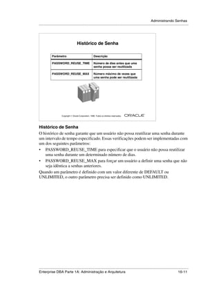 Administrando Senhas
.....................................................................................................................................................




                                       Histórico de Senha

            Parâmetro                                    Descrição

            PASSWORD_REUSE_TIME                          Número de dias antes que uma
                                                         senha possa ser reutilizada

            PASSWORD_REUSE_MAX                           Número máximo de vezes que
                                                         uma senha pode ser reutilizada




                                                                                                        ®

                      Copyright  Oracle Corporation, 1999. Todos os direitos reservados.




Histórico de Senha
O histórico de senha garante que um usuário não possa reutilizar uma senha durante
um intervalo de tempo especificado. Essas verificações podem ser implementadas com
um dos seguintes parâmetros:
• PASSWORD_REUSE_TIME para especificar que o usuário não possa reutilizar
   uma senha durante um determinado número de dias.
• PASSWORD_REUSE_MAX para forçar um usuário a definir uma senha que não
   seja idêntica a senhas anteriores.
Quando um parâmetro é definido com um valor diferente de DEFAULT ou
UNLIMITED, o outro parâmetro precisa ser definido como UNLIMITED.




.....................................................................................................................................................
Enterprise DBA Parte 1A: Administração e Arquitetura                                                                                       16-11
 