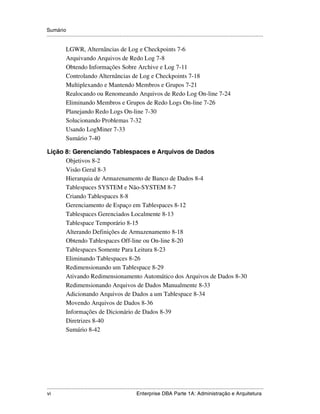 Sumário
.....................................................................................................................................................

             LGWR, Alternâncias de Log e Checkpoints 7-6
             Arquivando Arquivos de Redo Log 7-8
             Obtendo Informações Sobre Archive e Log 7-11
             Controlando Alternâncias de Log e Checkpoints 7-18
             Multiplexando e Mantendo Membros e Grupos 7-21
             Realocando ou Renomeando Arquivos de Redo Log On-line 7-24
             Eliminando Membros e Grupos de Redo Logs On-line 7-26
             Planejando Redo Logs On-line 7-30
             Solucionando Problemas 7-32
             Usando LogMiner 7-33
             Sumário 7-40

Lição 8: Gerenciando Tablespaces e Arquivos de Dados
      Objetivos 8-2
      Visão Geral 8-3
      Hierarquia de Armazenamento de Banco de Dados 8-4
      Tablespaces SYSTEM e Não-SYSTEM 8-7
      Criando Tablespaces 8-8
      Gerenciamento de Espaço em Tablespaces 8-12
      Tablespaces Gerenciados Localmente 8-13
      Tablespace Temporário 8-15
      Alterando Definições de Armazenamento 8-18
      Obtendo Tablespaces Off-line ou On-line 8-20
      Tablespaces Somente Para Leitura 8-23
      Eliminando Tablespaces 8-26
      Redimensionando um Tablespace 8-29
      Ativando Redimensionamento Automático dos Arquivos de Dados 8-30
      Redimensionando Arquivos de Dados Manualmente 8-33
      Adicionando Arquivos de Dados a um Tablespace 8-34
      Movendo Arquivos de Dados 8-36
      Informações de Dicionário de Dados 8-39
      Diretrizes 8-40
      Sumário 8-42




.....................................................................................................................................................
vi                                                            Enterprise DBA Parte 1A: Administração e Arquitetura
 