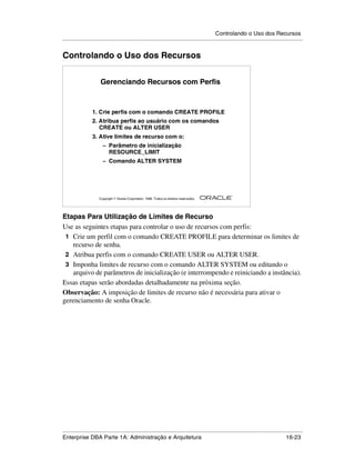 Controlando o Uso dos Recursos
.....................................................................................................................................................


Controlando o Uso dos Recursos


                       Gerenciando Recursos com Perfis



                  1. Crie perfis com o comando CREATE PROFILE
                  2. Atribua perfis ao usuário com os comandos
                     CREATE ou ALTER USER
                  3. Ative limites de recurso com o:
                        – Parâmetro de inicialização
                            RESOURCE_LIMIT
                        – Comando ALTER SYSTEM




                                                                                                        ®

                      Copyright  Oracle Corporation, 1999. Todos os direitos reservados.




Etapas Para Utilização de Limites de Recurso
Use as seguintes etapas para controlar o uso de recursos com perfis:
 1 Crie um perfil com o comando CREATE PROFILE para determinar os limites de
   recurso de senha.
 2 Atribua perfis com o comando CREATE USER ou ALTER USER.
 3 Imponha limites de recurso com o comando ALTER SYSTEM ou editando o
   arquivo de parâmetros de inicialização (e interrompendo e reiniciando a instância).
Essas etapas serão abordadas detalhadamente na próxima seção.
Observação: A imposição de limites de recurso não é necessária para ativar o
gerenciamento de senha Oracle.




.....................................................................................................................................................
Enterprise DBA Parte 1A: Administração e Arquitetura                                                                                       16-23
 