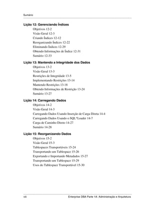 Sumário
.....................................................................................................................................................

Lição 12: Gerenciando Índices
      Objetivos 12-2
      Visão Geral 12-3
      Criando Índices 12-12
      Reorganizando Índices 12-22
      Eliminando Índices 12-29
      Obtendo Informações de Índice 12-31
      Sumário 12-33

Lição 13: Mantendo a Integridade dos Dados
      Objetivos 13-2
      Visão Geral 13-3
      Restrições de Integridade 13-5
      Implementando Restrições 13-14
      Mantendo Restrições 13-18
      Obtendo Informações de Restrição 13-24
      Sumário 13-27

Lição 14: Carregando Dados
      Objetivos 14-2
      Visão Geral 14-3
      Carregando Dados Usando Inserção de Carga Direta 14-4
      Carregando Dados Usando o SQL*Loader 14-7
      Carga de Caminho Direto 14-27
      Sumário 14-28

Lição 15: Reorganizando Dados
      Objetivos 15-2
      Visão Geral 15-3
      Tablespaces Transportáveis 15-24
      Transportando um Tablespace 15-26
      Exportando e Importando Metadados 15-27
      Transportando um Tablespace 15-29
      Usos do Tablespace Transportável 15-30




.....................................................................................................................................................
viii                                                          Enterprise DBA Parte 1A: Administração e Arquitetura
 