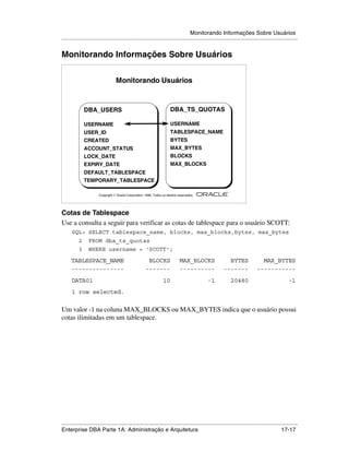 Monitorando Informações Sobre Usuários
.....................................................................................................................................................


Monitorando Informações Sobre Usuários


                                   Monitorando Usuários



              DBA_USERS                                                  DBA_TS_QUOTAS
                                                                         DBA_TS_QUOTAS

              USERNAME                                                   USERNAME
                                                                         USERNAME
              USER_ID                                                    TABLESPACE_NAME
                                                                         TABLESPACE_NAME
              CREATED                                                    BYTES
                                                                         BYTES
              ACCOUNT_STATUS                                             MAX_BYTES
                                                                         MAX_BYTES
              LOCK_DATE                                                  BLOCKS
                                                                         BLOCKS
              EXPIRY_DATE                                                MAX_BLOCKS
                                                                         MAX_BLOCKS
              DEFAULT_TABLESPACE
              TEMPORARY_TABLESPACE

                                                                                                        ®

                       Copyright  Oracle Corporation, 1999. Todos os direitos reservados.




Cotas de Tablespace
Use a consulta a seguir para verificar as cotas de tablespace para o usuário SCOTT:
      SQL> SELECT tablespace_name, blocks, max_blocks,bytes, max_bytes
          2      FROM dba_ts_quotas
          3      WHERE username = 'SCOTT';

      TABLESPACE_NAME                                    BLOCKS                 MAX_BLOCKS              BYTES                MAX_BYTES
      ---------------                                   -------                 ----------            -------              -----------
      DATA01                                                        10                       -1             20480                              -1
      1 row selected.

Um valor -1 na coluna MAX_BLOCKS ou MAX_BYTES indica que o usuário possui
cotas ilimitadas em um tablespace.




.....................................................................................................................................................
Enterprise DBA Parte 1A: Administração e Arquitetura                                                                                       17-17
 