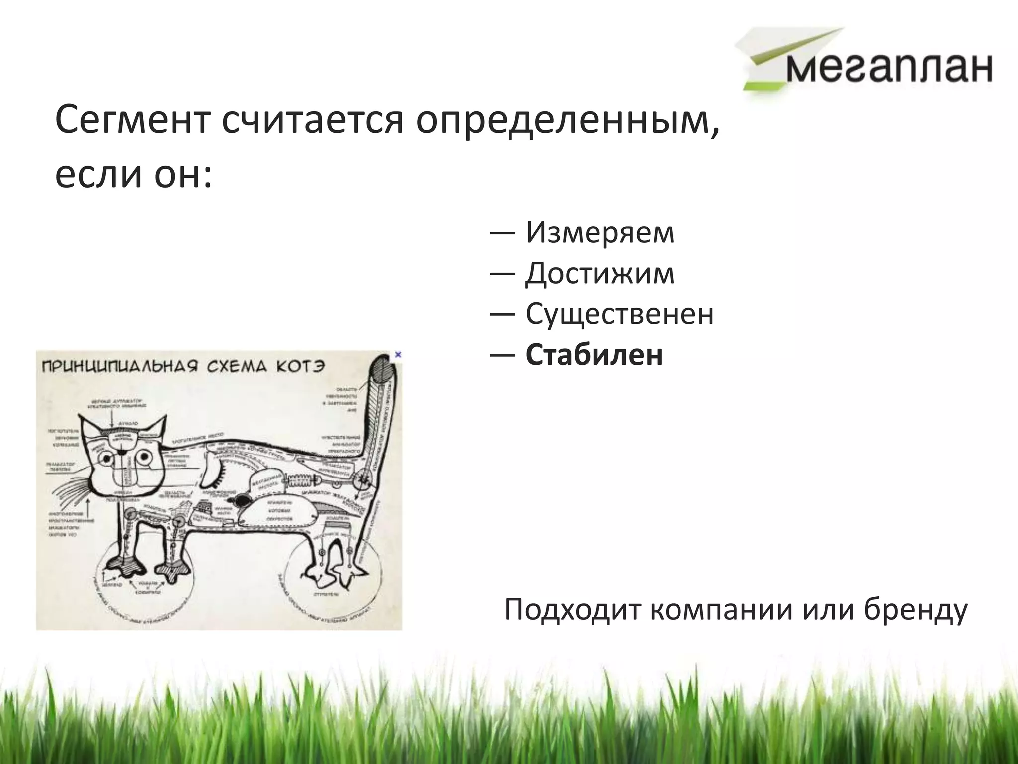 Сегмент считается определенным,
если он:
                    — Измеряем
                    — Достижим
                    — Существенен
                    — Стабилен




                    Подходит компании или бренду
 