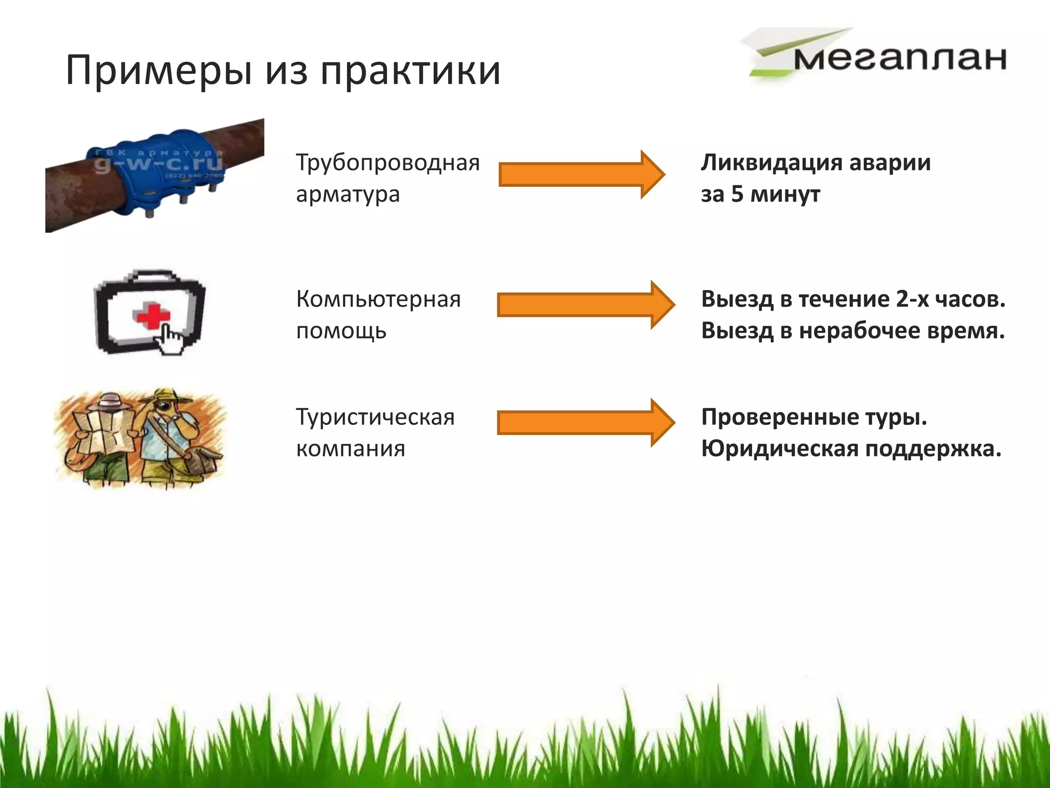 Примеры из практики
          Трубопроводная   Ликвидация аварии
          арматура         за 5 минут


          Компьютерная     Выезд в течение 2-х часов.
          помощь           Выезд в нерабочее время.


          Туристическая    Проверенные туры.
          компания         Юридическая поддержка.
 