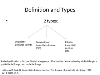 Definition and Types
• 2 types:
Conventional
immediate denture
(CID)
Interim
immediate
denture
(IID)
Each classification is further divided into groups of immediate dentures having a labial flange, a
partial labial flange, and no labial flange.
Diagnostic
dentures (splint)
LaVere AM, Krol AJ. Immediate denture service. The Journal of prosthetic dentistry. 1973
Jan 1;29(1):10-5.
 