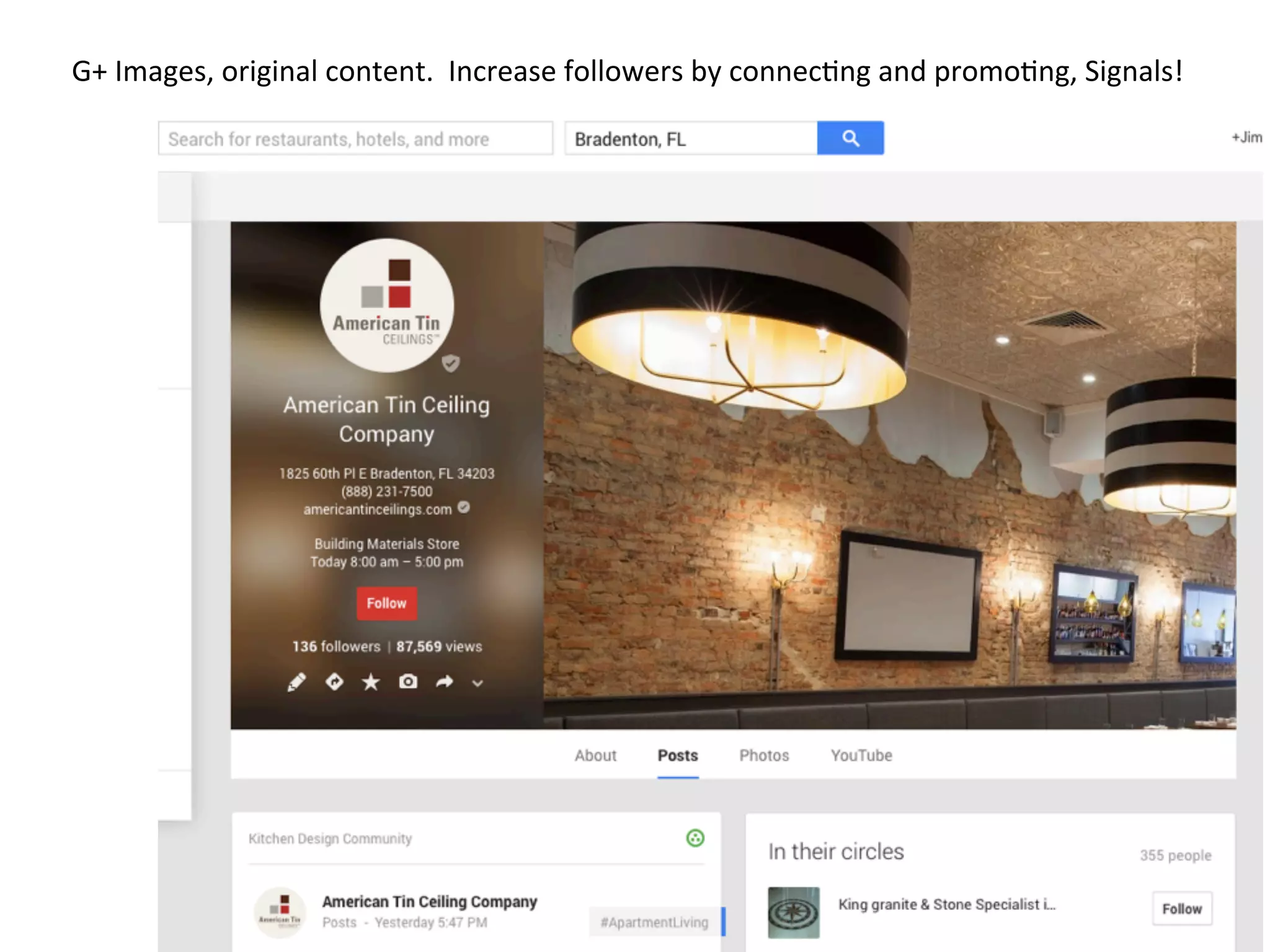 G+	
  Images,	
  original	
  content.	
  	
  Increase	
  followers	
  by	
  connec8ng	
  and	
  promo8ng,	
  Signals!	
  
 
