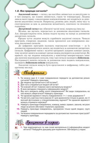 14
1.8. Яка природа сигналів?
Аналоговий сигнал — сигнал, що постійно змінюється за амплітудою та
в часі (напруга, що плавно змінюється, струм чи температура). Людина
звикла мати справу з аналоговими повідомленнями, які подаються за допо
могою аналогових сигналів. Наприклад, розмова двох людей, зміна часу та
спостереження за цим за допомогою механічного, сонячного чи піскового
годинника.
Дискретний сигнал має обмежені часові межі, наприклад імпульс.
Музика, що звучить, передається за допомогою аналогових сигналів.
Але, використовуючи ноти, можна подати музику на папері за допомогою
дискретних сигналів.
Органи чуття людини можуть сприймати аналогові сигнали. Чимало
пристроїв, створених людиною, також призначені для вимірювання зна
чень аналогових сигналів.
До цифрових пристроїв належать персональні комп’ютери — за їх
допомогою опрацьовуються записи, що подаються за допомогою дискретних
сигналів. Цифровими також є музичні програвачі лазерних компакт дисків,
тому музичні записи на компакт дисках можна відтворити на комп’ютері. Як
правило, під час подання повідомлень у комп’ютері використовують лише
два значення відповідних сигналів, тому такі сигнали називають двійковими.
Послідовності значень сигналів, за допомогою яких подають повідомлення,
називають двійковими кодами повідомлень.
Аналогові сигнали можуть бути представлені в цифровому, тобто дис
кретному вигляді.
1. Чи можна одні й ті самі повідомлення передати за допомогою різних
сигналів? Наведіть приклади.
2. Де людина зустрічається з об’єктами?
3. Для чого створюються моделі об’єктів?
4. Чи кожний об’єкт повинен мати матеріальну модель?
5. В яких випадках створюють інформаційні моделі?
6. Від чого залежить вибір носія повідомлення? Які види повідомлень на
них можуть зберігатися? Наведіть приклади.
7. Чи однакові відомості несуть повідомлення «+» і «знак додавання»?
8. Чи містить кам’яна плита масою 3 т для археологів стільки ж даних, як і її
якісний фотознімок у спеціалізованому журналі? Чи однакові відомості
можуть отримати науковці?
9. Наведіть приклади повідомлень, команд, вимог, правил, законів, які різні
люди за різних обставин тлумачать однаково.
10. Наведіть приклади повідомлень, зрозумілих тільки одній людині, групі
людей.
11. Чи можна повідомлення передавати за допомогою технічних пристроїв?
Наведіть приклади.
1. Чим відрізняються та чим схожі матеріальна й інформаційна моделі
об’єкта? Побудуйте діаграму для порівняння. Обговоріть у парах.
A.
 