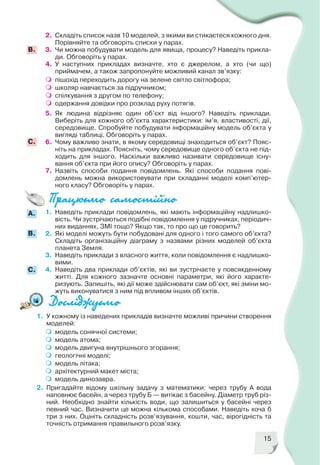15
1. У кожному із наведених прикладів визначте можливі причини створення
моделей:
модель сонячної системи;
модель атома;
модель двигуна внутрішнього згорання;
геологічні моделі;
модель літака;
архітектурний макет міста;
модель динозавра.
2. Пригадайте відому шкільну задачу з математики: через трубу А вода
наповнює басейн, а через трубу Б — витікає з басейну. Діаметр труб різ
ний. Необхідно знайти кількість води, що залишиться у басейні через
певний час. Визначити це можна кількома способами. Наведіть хоча б
три з них. Оцініть складність розв’язування, кошти, час, вірогідність та
точність отримання правильного розв’язку.
2. Складіть список назв 10 моделей, з якими ви стикаєтеся кожного дня.
Порівняйте та обговоріть списки у парах.
3. Чи можна побудувати модель для явища, процесу? Наведіть прикла
ди. Обговоріть у парах.
4. У наступних прикладах визначте, хто є джерелом, а хто (чи що)
приймачем, а також запропонуйте можливий канал зв’язку:
пішохід переходить дорогу на зелене світло світлофора;
школяр навчається за підручником;
спілкування з другом по телефону;
одержання довідки про розклад руху потягів.
5. Як людина відрізняє один об’єкт від іншого? Наведіть приклади.
Виберіть для кожного об’єкта характеристики: ім’я, властивості, дії,
середовище. Спробуйте побудувати інформаційну модель об’єкта у
вигляді таблиці. Обговоріть у парах.
6. Чому важливо знати, в якому середовищі знаходиться об’єкт? Пояс
ніть на прикладах. Поясніть, чому середовище одного об’єкта не під
ходить для іншого. Наскільки важливо називати середовище існу
вання об’єкта при його опису? Обговоріть у парах.
7. Назвіть способи подання повідомлень. Які способи подання пові
домлень можна використовувати при складанні моделі комп’ютер
ного класу? Обговоріть у парах.
B.
C.
1. Наведіть приклади повідомлень, які мають інформаційну надлишко
вість. Чи зустрічаються подібні повідомлення у підручниках, періодич
них виданнях, ЗМІ тощо? Якщо так, то про що це говорить?
2. Які моделі можуть бути побудовані для одного і того самого об’єкта?
Складіть організаційну діаграму з назвами різних моделей об’єкта
планета Земля.
3. Наведіть приклади з власного життя, коли повідомлення є надлишко
вими.
4. Наведіть два приклади об’єктів, які ви зустрічаєте у повсякденному
житті. Для кожного зазначте основні параметри, які його характе
ризують. Запишіть, які дії може здійснювати сам об’єкт, які зміни мо
жуть виконуватися з ним під впливом інших об’єктів.
B.
A.
C.
 