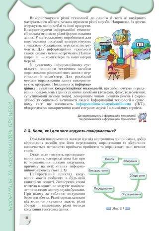 18
Використовуючи різні технології до одного й того ж вихідного
матеріального об’єкта, можна отримати різні вироби. Наприклад, із дерева
одержують папір, меблі та інші продукти.
Використовуючи інформаційні техноло
гії, можна отримати різні форми подання
даних. У матеріальному виробництві для
виготовлення продукції використовують
спеціальне обладнання: верстати, інстру
менти. Для інформаційної технології
також існують певні інструменти. Найпо
ширеніші — комп’ютери та комп’ютерні
мережі.
У сучасному інформаційному сус
пільстві основним технічним засобом
опрацювання різноманітних даних є пер
сональний комп’ютер. Для реалізації
методів опрацювання даних використо
вують програми. Поєднання ж інформа
ційних і сучасних комунікаційних технологій, що забезпечують переда
вання повідомлень і даних різними засобами (телефон, факс, телебачення,
супутниковий зв’язок тощо), докорінним чином змінило рівень і форми
ділової та соціальної активності людей. Інформаційні технології в сучас
ному світі ще називають інформаційно комунікаційними (ІКТ),
підкреслюючи використання комп’ютерних мереж і відповідних сервісів.
Де застосовують інформаційні технології?
Як розвивалися інформаційні технології?
2.3. Коли, як і для чого кодують повідомлення?
Оскільки повідомлення завжди йде від відправника до приймача, добір
відповідних засобів для його передавання, опрацювання та зберігання
визначається готовністю приймача прийняти та опрацювати дані певних
типів.
Отже, коли говорять про опрацю
вання даних, насправді мова йде про
їх опрацювання шляхом кодування,
причому на всіх етапах інформа
ційного процесу (мал. 2.1).
Найпростіший приклад коду
вання можна побачити в будь якій
книжці чи зошиті. Записуючи слова
вчителя в зошит, ви кодуєте повідом
лення шляхом запису звуків буквами.
При цьому за таблицю кодування
береться абетка. Різні народи залежно
від мови спілкування мають різні
абетки і, відповідно, різні методи
кодування текстових даних. Мал. 2.1
 