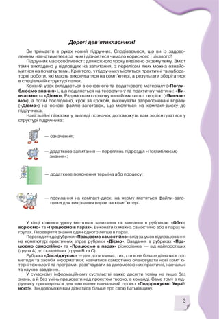 3
Ви тримаєте в руках новий підручник. Сподіваємося, що ви із задово
ленням навчатиметеся за ним і дізнаєтеся чимало корисного і цікавого!
Підручник має особливості: для кожного уроку виділено окрему тему. Зміст
теми викладено у відповідях на запитання, з переліком яких можна ознайо
митися на початку теми. Крім того, у підручнику містяться практичні та лабора
торні роботи, які мають виконуватися на комп’ютері, а результати зберігатися
в спеціальній структурі папок.
Кожний урок складається з основного та додаткового матеріалу («Погли
блюємо знання»), що поділяється на теоретичну та практичну частини: «Ви
вчаємо» та «Діємо». Радимо вам спочатку ознайомитися з теорією («Вивчає
мо»), а потім послідовно, крок за кроком, виконувати запропоновані вправи
(«Діємо») на основі файлів заготовок, що містяться на компакт диску до
підручника.
Навігаційні підказки у вигляді позначок допоможуть вам зорієнтуватися у
структурі підручника:
Дорогі дев’ятикласники!
— посилання на компакт диск, на якому містяться файли заго
товки для виконання вправ на комп’ютері.
У кінці кожного уроку містяться запитання та завдання в рубриках: «Обго
ворюємо» та «Працюємо в парах». Виконати їх можна самостійно або в парах чи
групах. Перевіряти знання один одного легше в парах.
Переходити до рубрики «Працюємо самостійно» слід за умов відпрацювання
на комп’ютері практичних вправ рубрики «Діємо». Завдання в рубриках «Пра
цюємо самостійно» та «Працюємо в парах» різнорівневі — від найпростіших
(група А) до складніших (групи В та С).
Рубрика «Досліджуємо» — для допитливих, тих, хто хоче більше дізнатися про
методи та засоби інформатики; навчитися самостійно опановувати нові комп’ю
терні технології та програми; розв’язувати за допомогою них практичні, навчальні
та наукові завдання.
У сучасному інформаційному суспільстві важко досягти успіху не лише без
знань, а й без умінь працювати над проектом творчо, в команді. Саме тому в під
ручнику пропонується для виконання навчальний проект «Подорожуємо Украї
ною!». Він допоможе вам дізнатися більше про свою Батьківщину.
— додаткове запитання — переглянь підрозділ «Поглиблюємо
знання»;
— додаткове пояснення терміна або процесу;
— означення;
 