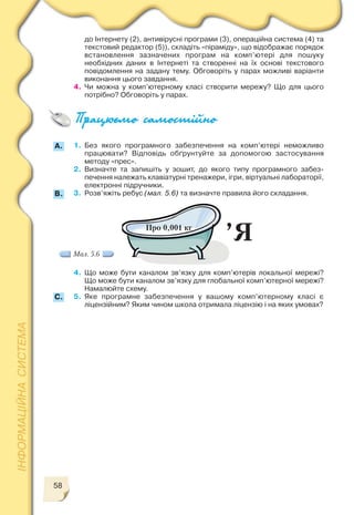 58
до Інтернету (2), антивірусні програми (3), операційна система (4) та
текстовий редактор (5)), складіть «піраміду», що відображає порядок
встановлення зазначених програм на комп’ютері для пошуку
необхідних даних в Інтернеті та створенні на їх основі текстового
повідомлення на задану тему. Обговоріть у парах можливі варіанти
виконання цього завдання.
4. Чи можна у комп’ютерному класі створити мережу? Що для цього
потрібно? Обговоріть у парах.
A. 1. Без якого програмного забезпечення на комп’ютері неможливо
працювати? Відповідь обґрунтуйте за допомогою застосування
методу «прес».
2. Визначте та запишіть у зошит, до якого типу програмного забез
печення належать клавіатурні тренажери, ігри, віртуальні лабораторії,
електронні підручники.
3. Розв’яжіть ребус (мал. 5.6) та визначте правила його складання.
4. Що може бути каналом зв’язку для комп’ютерів локальної мережі?
Що може бути каналом зв’язку для глобальної комп’ютерної мережі?
Намалюйте схему.
5. Яке програмне забезпечення у вашому комп’ютерному класі є
ліцензійним? Яким чином школа отримала ліцензію і на яких умовах?
Про 0,001 кг
’Я
B.
C.
Мал. 5.6
 