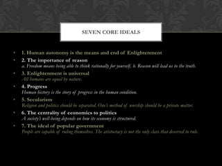 SEVEN CORE IDEALS


•   1. Human autonomy is the means and end of Enlightenment
•   2. The importance of reason
    a. Freedom means being able to think rationally for yourself. b. Reason will lead us to the truth.
•   3. Enlightenment is universal
    All humans are equal by nature.
•   4. Progress
    Human history is the story of progress in the human condition.
•   5. Secularism
    Religion and politics should be separated. One’s method of worship should be a private matter.
•   6. The centrality of economics to politics
    A society’s well-being depends on how its economy is structured.
•   7. The ideal of popular government
    People are capable of ruling themselves. The aristocracy is not the only class that deserved to rule.
 