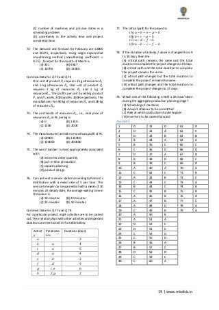 19 | www.mindvis.in
(C) number of machines and job due dates in a
scheduling problem
(D) uncertainty in the activity time and project
completion time
72. The demand and forecast for February are 12000
and 10275, respectively. Using single exponential
smoothening method (smoothening coefficient =
0.25) , forecast for the month of March is
(A) 431 (B) 9587
(C) 10706 (D) 11000
Common Data For 𝑄.73 and 𝑄.74
One unit of product 𝑃1 requires 3 kg ofresources 𝑅1
and 1 kg ofresources 𝑅2 One unit of product 𝑃2
requires 2 kg of resources 𝑅1 and 2 kg of
resources𝑅2. The profits per unit by selling product
𝑃1 and 𝑃2 are Rs. 2000 and Rs. 3000 respectively. The
manufacturer has 90 kg of resources 𝑅1 and 100 kg
of resources 𝑅2.
73. The unit worth of resources 𝑅2, i.e., dual price of
resources 𝑅2 in Rs. per kg is
(A) 0 (B) 1350
(C) 1500 (D) 2000
74. The manufacturer can make a maximum profit of Rs.
(A) 60000 (B) 135000
(C) 150000 (D) 200000
75. The word ‘kanban’ is most appropriately associated
with
(A) economic order quantity
(B) just‐in‐time production
(C) capacity planning
(D) product design
76. Cars arrive at a service station according to Poisson’s
distribution with a mean rate of 5 per hour. The
service time per car is exponential with a mean of 10
minutes. At steady state, the average waiting time in
the queue is
(A) 10 minutes (B) 20 minutes
(C) 25 minutes (D) 50 minutes
Common Data For 𝑄.77 and 𝑄.78
For a particular project, eight activities are to be carried
out. Their relationships with other activities and expected
durations are mentioned in the table below.
Activit
y
Predecess
ors
Durations (days)
𝑎 3
𝑏 𝑎 4
𝑐 𝑎 5
𝑑 𝑎 4
𝑒 𝑏 2
𝑓 𝑑 9
𝑔 𝑐, 𝑒 6
ℎ 𝑓, 𝑔 2
77. The critical path for the project is
(A) 𝑎 − 𝑏 − 𝑒 − 𝑔 − ℎ
(B) 𝑎 − 𝑐 − 𝑔 − ℎ
(C) 𝑎 − 𝑑 − 𝑓 − ℎ
(D) 𝑎 − 𝑏 − 𝑐 − 𝑓 − ℎ
78. If the duration of activity 𝑓 alone is changed from 9
to 10 days, then the
(A) critical path remains the same and the total
duration to complete the project changes to 19 days.
(B) critical path and the total duration to complete
the project remains the same.
(C) critical path changes but the total duration to
complete the project remains the same.
(D) critical path changes and the total duration to
complete the project changes to 17 days.
79. Which one of the following is NOT a decision taken
during the aggregate production planning stage?
(A) Scheduling of machines
(B) Amount oflabour to be committed
(C) Rate at which production should happen
(D) Inventory to be carried forward
ANSWERS:
1 D 31 D 61 D
2 D 32 A 62 C
3 D 33 B 63 D
4 B 34 A 64 A
5 B 35 C 65 C
6 C 36 D 66 D
7 D 37 A 67 D
8 B 38 D 68 C
9 B 39 C 69 D
10 A 40 A 70 A
11 C 41 C 71 B
12 A 42 B 72 C
13 C 43 C 73 A
14 B 44 C 74 B
15 C 45 B 75 B
16 A 46 B 76 D
17 A 47 B 77 C
18 A 48 D 78 A
19 C 49 B 79 A
20 A 50 B
21 A 51 A
22 D 52 C
23 D 53 C
24 C 54 D
25 C 55 D
26 B 56 A
27 B 57 C
28 D 58 D
29 C 59 C
30 C 60 A
 