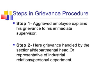Steps in Grievance Procedure
 Step 1- Aggrieved employee explains
his grievance to his immediate
supervisor.
 Step 2- Here grievance handled by the
sectional/departmental head.Or
representative of industrial
relations/personal department.
 