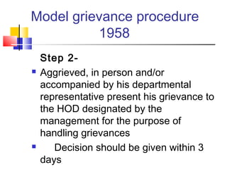 Model grievance procedure
1958
Step 2-
 Aggrieved, in person and/or
accompanied by his departmental
representative present his grievance to
the HOD designated by the
management for the purpose of
handling grievances
 Decision should be given within 3
days
 