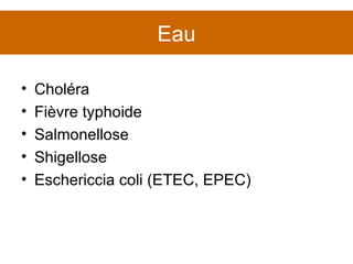 Eau Choléra Fièvre typhoide Salmonellose Shigellose Eschericcia coli (ETEC, EPEC) 