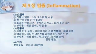 제 9 장 염증 (Inflammation)
(2) 소염제
① 진통 소염제 , 소염 효소제 등 사용
② 항소염 작용 기전 불명확
③ 효과는 약하지만 , 부작용이 적고 , 장기 투여 가능
④ 부작용 - 위장 장애 , 약진 등
(3) 진통제
① 사용 빈도 높다 - 약제에 따라 소염 진통제 , 해열 효과
② 염증이 나타나는 악순환을 없애고 치유시키는 것
③ 부작용 - 위장 장애 , 약제 알러지 ( 사용 전에
문진 필요 )
(4) 기타
항생물질 , 고단위 비타민제
 