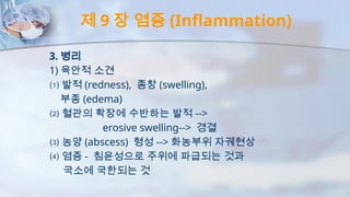 제 9 장 염증 (Inflammation)
3. 병리
1) 육안적 소견
⑴ 발적 (redness), 종창 (swelling),
부종 (edema)
⑵ 혈관의 확장에 수반하는 발적 -->
erosive swelling--> 경결
⑶ 농양 (abscess) 형성 --> 화농부위 자궤현상
⑷ 염증 - 침윤성으로 주위에 파급되는 것과
국소에 국한되는 것
 