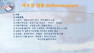 제 9 장 염증 (Inflammation)
6. 치료
1) 치료방침
① 기본적 - 염증의 원인 제거 , 원인질환의 치료
② 대증이학요법 - 급성기 냉 · 온습포 / 만성기 - 온습포
③ 대증약물요법 - 소염효소제 , 진통제 투여
④ 부신피질 홀몬제 - 강한 소염효과 , 부작용으로 투여시 신중
⑤ 염증과 타 질환의 악순환을 차단하는 방법도 중요
⑥ 감염증 - 항생제 투여 , 항혈청 , 면역 글로부린 등 사용
⑦ 알러지 ( 약물 알러지 , 화분증 )- 항히스타민제 ,
부신피질 홀몬제 투여
 