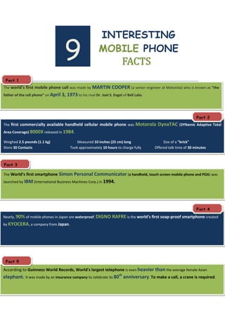INTERESTING
MOBILE PHONE
FACTS
The world’s first mobile phone call was made by MARTIN COOPER (a senior engineer at Motorola) who is known as “the
father of the cell phone” on April 3, 1973 to his rival Dr. Joel S. Engel of Bell Labs.
9
The first commercially available handheld cellular mobile phone was Motorola DynaTAC (DYNamic Adaptive Total
Area Coverage) 8000X released in 1984.
Weighed 2.5 pounds (1.1 kg) Measured 10 inches (25 cm) long Size of a “brick"
Store 30 Contacts Took approximately 10 hours to charge fully Offered talk time of 30 minutes
Fact 1
Fact 2
The World’s first smartphone Simon Personal Communicator (a handheld, touch screen mobile phone and PDA) was
launched by IBM (International Business Machines Corp.) in 1994.
Fact 3
Nearly, 90% of mobile phones in Japan are waterproof. DIGNO RAFRE is the world's first soap-proof smartphone created
by KYOCERA, a company from Japan.
Fact 4
According to Guinness World Records, World's largest telephone is even heavier than the average female Asian
elephant. It was made by an insurance company to celebrate its 80th
anniversary. To make a call, a crane is required.
Fact 5
 