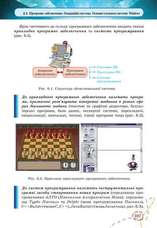 107
§ 6. Програмне забезпечення. Операційні системи. Основні елементи системи Windows
Крім системного до складу програмного забезпечення входять також
при­кла­дне програмне забезпечення та системи програмування
(рис. 6.1).
Рис. 6.1. Структура обчислювальної системи
До прикладного програмного забезпечення належать програ-
ми, призначені розв’язувати конкретні завдання в різних сфе-
рах діяльності людини (текстові та графічні редактори, бухгал­
тер­ські програми, бази даних, експертні системи, перекладачі,
енциклопедії, навчальні, тестові, ігрові програми тощо (рис. 6.2).
Рис. 6.2. Приклади прикладного програмного забезпечення
До систем програмування належать інструментальні про-
грамні засоби створювання нових програм (середовище про-
грамування АЛГО (Навчальна Алгоритмічна Мова), середови-
ща Турбо Паскаль та Delphi (мова програмування Паскаль),
С++Builder(мовиС,С++),JavaBuilder(моваJava)тощо,рис.6.3).
 