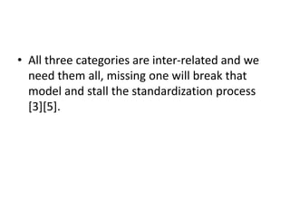 • All three categories are inter-related and we
need them all, missing one will break that
model and stall the standardization process
[3][5].
 