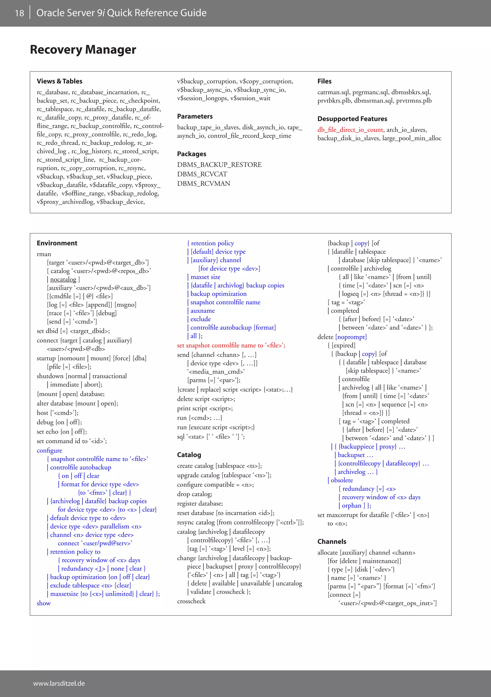 18    Oracle Server 9i Quick Reference Guide


     Recovery Manager

      Views & Tables                                      v$backup_corruption, v$copy_corruption,              Files
      rc_database, rc_database_incarnation, rc_           v$backup_async_io, v$backup_sync_io,                 catrman.sql, prgrmanc.sql, dbmssbkrs.sql,
      backup_set, rc_backup_piece, rc_checkpoint,         v$session_longops, v$session_wait                    prvtbkrs.plb, dbmsrman.sql, prvtrmns.plb
      rc_tablespace, rc_datafile, rc_backup_datafile,
      rc_datafile_copy, rc_proxy_datafile, rc_of-         Parameters                                           Desupported Features
      fline_range, rc_backup_controlfile, rc_control-     backup_tape_io_slaves, disk_asynch_io, tape_         db_file_direct_io_count, arch_io_slaves,
      file_copy, rc_proxy_controlfile, rc_redo_log,       asynch_io, control_file_record_keep_time             backup_disk_io_slaves, large_pool_min_alloc
      rc_redo_thread, rc_backup_redolog, rc_ar-
      chived_log , rc_log_history, rc_stored_script,      Packages
      rc_stored_script_line, rc_backup_cor-
      ruption, rc_copy_corruption, rc_resync,             DBMS_BACKUP_RESTORE
      v$backup, v$backup_set, v$backup_piece,             DBMS_RCVCAT
      v$backup_datafile, v$datafile_copy, v$proxy_        DBMS_RCVMAN
      datafile, v$offline_range, v$backup_redolog,
      v$proxy_archivedlog, v$backup_device,




      Environment                                             { retention policy                                   {backup | copy} [of
      rman                                                    | [default] device type                              { {datafile | tablespace
          [target ‘<user>/<pwd>@<target_db>’]                 | [auxiliary] channel                                      | database [skip tablespace] } ‘<name>‘
          [ catalog ‘<user>/<pwd>@<repos_db>’                       [for device type <dev>]                        | controlfile | archivelog
          | nocatalog ]                                       | maxset size                                              { all | like ‘<name>‘ | {from | until}
          [auxiliary ‘<user>/<pwd>@<aux_db>’]                 | {datafile | archivlog} backup copies                     { time [=] ‘<date>‘ | scn [=] <n>
          [{cmdfile [=] | @} <file>]                          | backup optimization                                      | logseq [=] <n> [thread = <n>]} }]
          [log [=] <file> [append]] [msgno]                   | snapshot controlfile name                          [ tag = ‘<tag>‘
          [trace [=] ‘<file>’] [debug]                        | auxname                                            | completed
          [send [=] ‘<cmd>’]                                  | exclude                                                  { {after | before} [=] ‘<date>‘
      set dbid [=] <target_dbid>;                             | controlfile autobackup [format]                          | between ‘<date>‘ and ‘<date>‘ } ];
                                                              | all };                                         delete [noprompt]
      connect {target | catalog | auxiliary}
          <user>/<pwd>@<db>                               set snapshot controlfile name to ‘<file>‘;               { [expired]
                                                          send [channel <chann> [, …]                                { {backup | copy} [of
      startup [nomount | mount] [force] [dba]
                                                              | device type <dev> [, …]]                                 { { datafile | tablespace | database
          [pfile [=] <file>];
                                                              ‘<media_man_cmd>‘                                              [skip tablespace] } ‘<name>‘
      shutdown [normal | transactional                                                                                   | controlfile
                                                              [parms [=] ‘<par>‘];
          | immediate | abort];                                                                                          | archivelog { all | like ‘<name>‘ |
                                                          {create | replace} script <script> {<stat>;…}
      {mount | open} database;                                                                                             {from | until} { time [=] ‘<date>‘
                                                          delete script <script>;
      alter database {mount | open};                                                                                       | scn [=] <n> | sequence [=] <n>
                                                          print script <script>;
      host [‘<cmd>’];                                                                                                      [thread = <n>]} }]
                                                          run {<cmd>; …}                                                 [ tag = ‘<tag>‘ | completed
      debug {on | off };
                                                          run {execute script <script>;}                                   { {after | before} [=] ‘<date>‘
      set echo {on | off };
                                                          sql ‘<stat> [‘ ‘ <file> ‘ ‘] ‘;                                  | between ‘<date>‘ and ‘<date>‘ } ]
      set command id to ‘<id>’;
                                                                                                                     | { {backuppiece | proxy} …
      configure
                                                          Catalog                                                      | backupset …
          { snapshot controlfile name to ‘<file>‘
                                                          create catalog [tablespace <ts>];                            | {controlfilecopy | datafilecopy} …
          | controlfile autobackup
                                                          upgrade catalog [tablespace ‘<ts>’];                         | archivelog … }
               { on | off | clear
                                                                                                                   | obsolete
               | format for device type <dev>             configure compatible = <n>;
                                                                                                                         [ redundancy [=] <x>
                       {to ‘<fmt>’ | clear} }             drop catalog;                                                  | recovery window of <x> days
          | {archivelog | datafile} backup copies         register database;                                             | orphan ] };
               for device type <dev> {to <x> | clear}     reset database [to incarnation <id>];
          | default device type to <dev>                                                                       set maxcorrupt for datafile {‘<file>‘ | <n>}
                                                          resync catalog [from controlfilecopy [‘<ctrl>’]];        to <n>;
          | device type <dev> parallelism <n>
          | channel <n> device type <dev>                 catalog {archivelog | datafilecopy
               connect ‘<user/pwd@serv>’                      | controlfilecopy} ‘<file>‘ [, …]                Channels
          | retention policy to                               [tag [=] ‘<tag>‘ | level [=] <n>];
                                                                                                               allocate [auxiliary] channel <chann>
               { recovery window of <x> days              change {archivelog | datafilecopy | backup-              [for {delete | maintenance}]
               | redundancy <1> | none | clear }              piece | backupset | proxy | controlfilecopy}         { type [=] {disk | ‘<dev>‘}
          | backup optimization {on | off | clear}            {‘<file>‘ | <n> | all | tag [=] ‘<tag>‘}             | name [=] ‘<name>‘ }
          | exclude tablespace <ts> [clear]                   { delete | available | unavailable | uncatalog       [parms [=] “<par>”] [format [=] ‘<fm>‘]
          | maxsetsize {to {<x>| unlimited} | clear} };       | validate | crosscheck };                           [connect [=]
      show                                                crosscheck                                                    ‘<user>/<pwd>@<target_ops_inst>’]




     www.larsditzel.de
 