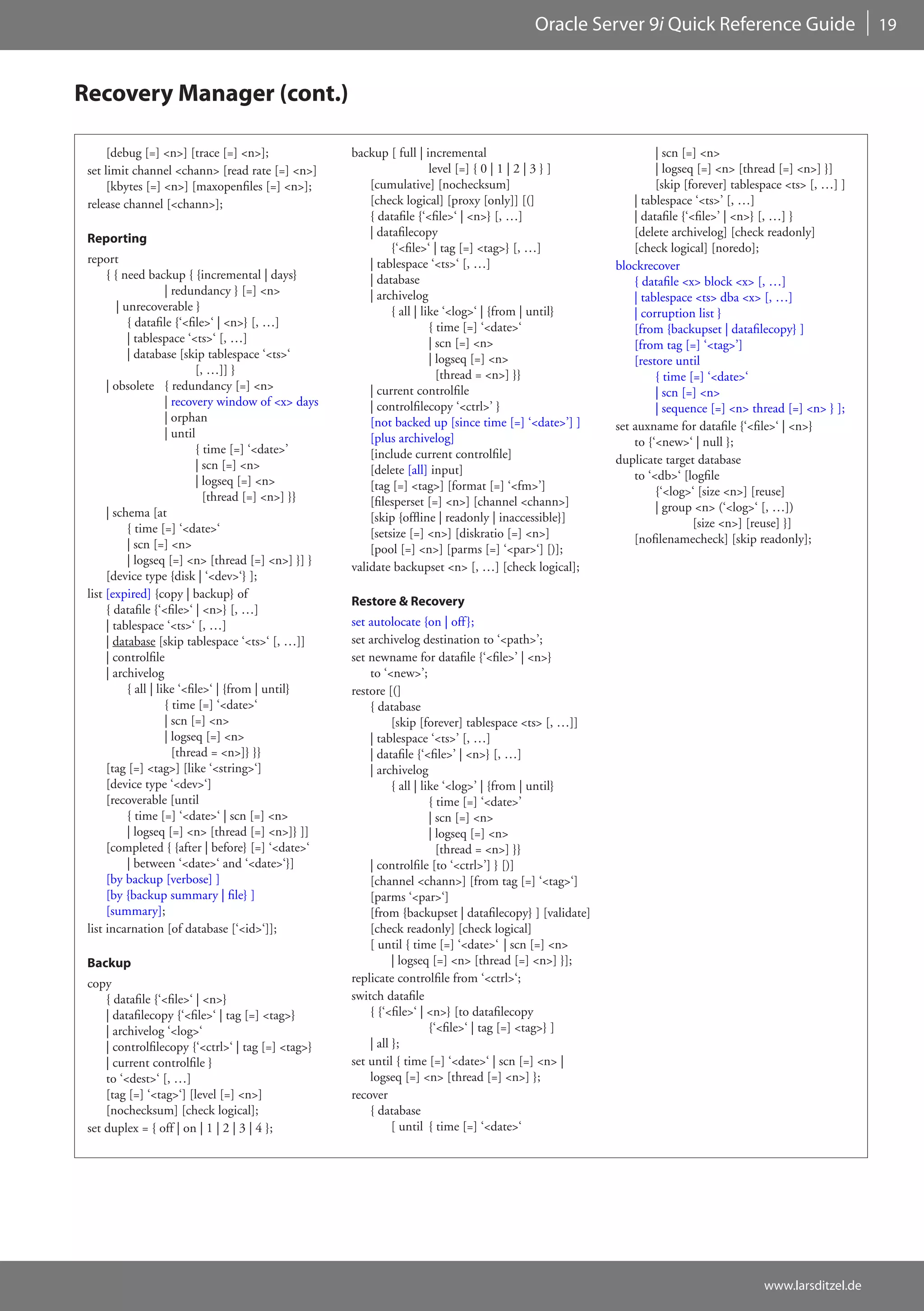 Oracle Server 9i Quick Reference Guide                           19



Recovery Manager (cont.)

      [debug [=] <n>] [trace [=] <n>];                backup [ full | incremental                                  | scn [=] <n>
 set limit channel <chann> [read rate [=] <n>]                           level [=] { 0 | 1 | 2 | 3 } ]             | logseq [=] <n> [thread [=] <n>] }]
      [kbytes [=] <n>] [maxopenfiles [=] <n>];            [cumulative] [nochecksum]                                [skip [forever] tablespace <ts> [, …] ]
 release channel [<chann>];                               [check logical] [proxy [only]] [(]                  | tablespace ‘<ts>’ [, …]
                                                          { datafile {‘<file>‘ | <n>} [, …]                   | datafile {‘<file>’ | <n>} [, …] }
                                                          | datafilecopy                                      [delete archivelog] [check readonly]
 Reporting
                                                               {‘<file>‘ | tag [=] <tag>} [, …]               [check logical] [noredo];
 report                                                   | tablespace ‘<ts>‘ [, …]                       blockrecover
      { { need backup { {incremental | days}              | database                                          { datafile <x> block <x> [, …]
                      | redundancy } [=] <n>              | archivelog                                        | tablespace <ts> dba <x> [, …]
         | unrecoverable }                                     { all | like ‘<log>‘ | {from | until}          | corruption list }
            { datafile {‘<file>‘ | <n>} [, …]                            { time [=] ‘<date>‘                  [from {backupset | datafilecopy} ]
            | tablespace ‘<ts>‘ [, …]                                    | scn [=] <n>                        [from tag [=] ‘<tag>’]
            | database [skip tablespace ‘<ts>‘                           | logseq [=] <n>                     [restore until
                             [, …]] }                                      [thread = <n>] }}                       { time [=] ‘<date>‘
      | obsolete { redundancy [=] <n>                     | current controlfile                                    | scn [=] <n>
                      | recovery window of <x> days       | controlfilecopy ‘<ctrl>’ }                             | sequence [=] <n> thread [=] <n> } ];
                      | orphan                            [not backed up [since time [=] ‘<date>’] ]      set auxname for datafile {‘<file>‘ | <n>}
                      | until                             [plus archivelog]                                   to {‘<new>‘ | null };
                             { time [=] ‘<date>’          [include current controlfile]
                             | scn [=] <n>                                                                duplicate target database
                                                          [delete [all] input]                                to ‘<db>‘ [logfile
                             | logseq [=] <n>             [tag [=] <tag>] [format [=] ‘<fm>’]
                               [thread [=] <n>] }}                                                                 {‘<log>‘ [size <n>] [reuse]
                                                          [filesperset [=] <n>] [channel <chann>]                  | group <n> (‘<log>‘ [, …])
      | schema [at                                        [skip {offline | readonly | inaccessible}]
            { time [=] ‘<date>‘                                                                                             [size <n>] [reuse] }]
                                                          [setsize [=] <n>] [diskratio [=] <n>]               [nofilenamecheck] [skip readonly];
            | scn [=] <n>                                 [pool [=] <n>] [parms [=] ‘<par>‘] [)];
            | logseq [=] <n> [thread [=] <n>] }] }
                                                      validate backupset <n> [, …] [check logical];
      [device type {disk | ‘<dev>‘} ];
 list [expired] {copy | backup} of
                                                      Restore & Recovery
      { datafile {‘<file>‘ | <n>} [, …]
      | tablespace ‘<ts>‘ [, …]                       set autolocate {on | off };
      | database [skip tablespace ‘<ts>‘ [, …]]       set archivelog destination to ‘<path>’;
      | controlfile                                   set newname for datafile {‘<file>’ | <n>}
      | archivelog                                        to ‘<new>’;
            { all | like ‘<file>‘ | {from | until}    restore [(]
                      { time [=] ‘<date>‘                 { database
                      | scn [=] <n>                             [skip [forever] tablespace <ts> [, …]]
                      | logseq [=] <n>                    | tablespace ‘<ts>’ [, …]
                        [thread = <n>]} }}                | datafile {‘<file>’ | <n>} [, …]
      [tag [=] <tag>] [like ‘<string>‘]                   | archivelog
      [device type ‘<dev>‘]                                     { all | like ‘<log>’ | {from | until}
      [recoverable [until                                                 { time [=] ‘<date>’
            { time [=] ‘<date>‘ | scn [=] <n>                             | scn [=] <n>
            | logseq [=] <n> [thread [=] <n>]} ]]                         | logseq [=] <n>
      [completed { {after | before} [=] ‘<date>‘                            [thread = <n>] }}
            | between ‘<date>‘ and ‘<date>‘}]             | controlfile [to ‘<ctrl>’] } [)]
      [by backup [verbose] ]                              [channel <chann>] [from tag [=] ‘<tag>‘]
      [by {backup summary | file} ]                       [parms ‘<par>‘]
      [summary];                                          [from {backupset | datafilecopy} ] [validate]
 list incarnation [of database [‘<id>‘]];                 [check readonly] [check logical]
                                                          [ until { time [=] ‘<date>‘ | scn [=] <n>
 Backup                                                         | logseq [=] <n> [thread [=] <n>] }];
 copy                                                 replicate controlfile from ‘<ctrl>‘;
     { datafile {‘<file>‘ | <n>}                      switch datafile
     | datafilecopy {‘<file>‘ | tag [=] <tag>}            { {‘<file>‘ | <n>} [to datafilecopy
     | archivelog ‘<log>‘                                                 {‘<file>‘ | tag [=] <tag>} ]
     | controlfilecopy {‘<ctrl>‘ | tag [=] <tag>}         | all };
     | current controlfile }                          set until { time [=] ‘<date>‘ | scn [=] <n> |
     to ‘<dest>‘ [, …]                                    logseq [=] <n> [thread [=] <n>] };
     [tag [=] ‘<tag>‘] [level [=] <n>]                recover
     [nochecksum] [check logical];                        { database
 set duplex = { off | on | 1 | 2 | 3 | 4 };                     [ until { time [=] ‘<date>‘




                                                                                                                                         www.larsditzel.de
 