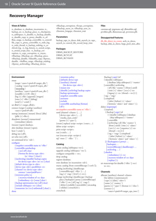 18    Oracle Server 9i Quick Reference Guide


     Recovery Manager

      Views & Tables                                      v$backup_corruption, v$copy_corruption,              Files
      rc_database, rc_database_incarnation, rc_           v$backup_async_io, v$backup_sync_io,                 catrman.sql, prgrmanc.sql, dbmssbkrs.sql,
      backup_set, rc_backup_piece, rc_checkpoint,         v$session_longops, v$session_wait                    prvtbkrs.plb, dbmsrman.sql, prvtrmns.plb
      rc_tablespace, rc_datafile, rc_backup_datafile,
      rc_datafile_copy, rc_proxy_datafile, rc_of-         Parameters                                           Desupported Features
      fline_range, rc_backup_controlfile, rc_control-     backup_tape_io_slaves, disk_asynch_io, tape_         db_file_direct_io_count, arch_io_slaves,
      file_copy, rc_proxy_controlfile, rc_redo_log,       asynch_io, control_file_record_keep_time             backup_disk_io_slaves, large_pool_min_alloc
      rc_redo_thread, rc_backup_redolog, rc_ar-
      chived_log , rc_log_history, rc_stored_script,      Packages
      rc_stored_script_line, rc_backup_cor-
      ruption, rc_copy_corruption, rc_resync,             DBMS_BACKUP_RESTORE
      v$backup, v$backup_set, v$backup_piece,             DBMS_RCVCAT
      v$backup_datafile, v$datafile_copy, v$proxy_        DBMS_RCVMAN
      datafile, v$offline_range, v$backup_redolog,
      v$proxy_archivedlog, v$backup_device,




      Environment                                             { retention policy                                   {backup | copy} [of
      rman                                                    | [default] device type                              { {datafile | tablespace
          [target ‘<user>/<pwd>@<target_db>’]                 | [auxiliary] channel                                      | database [skip tablespace] } ‘<name>‘
          [ catalog ‘<user>/<pwd>@<repos_db>’                       [for device type <dev>]                        | controlfile | archivelog
          | nocatalog ]                                       | maxset size                                              { all | like ‘<name>‘ | {from | until}
          [auxiliary ‘<user>/<pwd>@<aux_db>’]                 | {datafile | archivlog} backup copies                     { time [=] ‘<date>‘ | scn [=] <n>
          [{cmdfile [=] | @} <file>]                          | backup optimization                                      | logseq [=] <n> [thread = <n>]} }]
          [log [=] <file> [append]] [msgno]                   | snapshot controlfile name                          [ tag = ‘<tag>‘
          [trace [=] ‘<file>’] [debug]                        | auxname                                            | completed
          [send [=] ‘<cmd>’]                                  | exclude                                                  { {after | before} [=] ‘<date>‘
      set dbid [=] <target_dbid>;                             | controlfile autobackup [format]                          | between ‘<date>‘ and ‘<date>‘ } ];
                                                              | all };                                         delete [noprompt]
      connect {target | catalog | auxiliary}
          <user>/<pwd>@<db>                               set snapshot controlfile name to ‘<file>‘;               { [expired]
                                                          send [channel <chann> [, …]                                { {backup | copy} [of
      startup [nomount | mount] [force] [dba]
                                                              | device type <dev> [, …]]                                 { { datafile | tablespace | database
          [pfile [=] <file>];
                                                              ‘<media_man_cmd>‘                                              [skip tablespace] } ‘<name>‘
      shutdown [normal | transactional                                                                                   | controlfile
                                                              [parms [=] ‘<par>‘];
          | immediate | abort];                                                                                          | archivelog { all | like ‘<name>‘ |
                                                          {create | replace} script <script> {<stat>;…}
      {mount | open} database;                                                                                             {from | until} { time [=] ‘<date>‘
                                                          delete script <script>;
      alter database {mount | open};                                                                                       | scn [=] <n> | sequence [=] <n>
                                                          print script <script>;
      host [‘<cmd>’];                                                                                                      [thread = <n>]} }]
                                                          run {<cmd>; …}                                                 [ tag = ‘<tag>‘ | completed
      debug {on | off };
                                                          run {execute script <script>;}                                   { {after | before} [=] ‘<date>‘
      set echo {on | off };
                                                          sql ‘<stat> [‘ ‘ <file> ‘ ‘] ‘;                                  | between ‘<date>‘ and ‘<date>‘ } ]
      set command id to ‘<id>’;
                                                                                                                     | { {backuppiece | proxy} …
      configure
                                                          Catalog                                                      | backupset …
          { snapshot controlfile name to ‘<file>‘
                                                          create catalog [tablespace <ts>];                            | {controlfilecopy | datafilecopy} …
          | controlfile autobackup
                                                          upgrade catalog [tablespace ‘<ts>’];                         | archivelog … }
               { on | off | clear
                                                                                                                   | obsolete
               | format for device type <dev>             configure compatible = <n>;
                                                                                                                         [ redundancy [=] <x>
                       {to ‘<fmt>’ | clear} }             drop catalog;                                                  | recovery window of <x> days
          | {archivelog | datafile} backup copies         register database;                                             | orphan ] };
               for device type <dev> {to <x> | clear}     reset database [to incarnation <id>];
          | default device type to <dev>                                                                       set maxcorrupt for datafile {‘<file>‘ | <n>}
                                                          resync catalog [from controlfilecopy [‘<ctrl>’]];        to <n>;
          | device type <dev> parallelism <n>
          | channel <n> device type <dev>                 catalog {archivelog | datafilecopy
               connect ‘<user/pwd@serv>’                      | controlfilecopy} ‘<file>‘ [, …]                Channels
          | retention policy to                               [tag [=] ‘<tag>‘ | level [=] <n>];
                                                                                                               allocate [auxiliary] channel <chann>
               { recovery window of <x> days              change {archivelog | datafilecopy | backup-              [for {delete | maintenance}]
               | redundancy <1> | none | clear }              piece | backupset | proxy | controlfilecopy}         { type [=] {disk | ‘<dev>‘}
          | backup optimization {on | off | clear}            {‘<file>‘ | <n> | all | tag [=] ‘<tag>‘}             | name [=] ‘<name>‘ }
          | exclude tablespace <ts> [clear]                   { delete | available | unavailable | uncatalog       [parms [=] “<par>”] [format [=] ‘<fm>‘]
          | maxsetsize {to {<x>| unlimited} | clear} };       | validate | crosscheck };                           [connect [=]
      show                                                crosscheck                                                    ‘<user>/<pwd>@<target_ops_inst>’]




     www.larsditzel.de
 