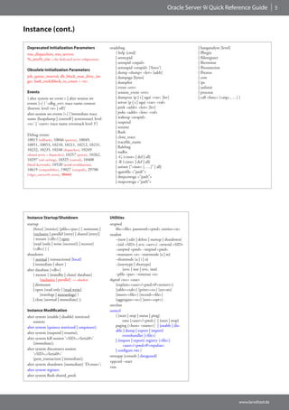 Oracle Server 9i Quick Reference Guide                      5



Instance (cont.)

 Deprecated Initialization Parameters                  oradebug                                          | hanganalyze [level]
 mts_dispatchers, mts_servers                             { help [cmd]                                   | ffbegin
 %_area%_size <<for dedicated server cofigurations        | setmypid                                     | ffderegister
                                                          | setospid <ospid>                             | ffterminst
                                                          | setorapid <orapid> [‘force’]                 | ffresumeinst
 Obsolete Initialization Parameters
                                                          | dump <dump> <lev> [addr]                     | ffstatus
 job_queue_interval, db_block_max_dirty_tar-              | dumpsga [bytes]                              | core
 get, hash_multiblock_io_count = <n>                      | dumplist                                     | ipc
                                                          | event <evt>                                  | unlimit
 Events                                                   | session_event <evt>                          | procstat
 { alter system set event = | alter session set           | dumpvar {p | s | uga} <var> [lev]            | call <func> [<arg> , …] }
 events [=] } ‘<dbg_evt> trace name context               | setvar {p | s | uga} <var> <val>
 {forever, level <n> | off }’                             | peek <addr> <len> [lev]
 alter session set events [=] {‘immediate trace           | poke <addr> <len> <val>
 name {heapdump | controlf | systemstate} level           | wakeup <orapid>
 <n>’ | ‘<oerr> trace name errorstack level 3’}           | suspend
                                                          | resume
                                                          | flush
 Debug events
                                                          | close_trace
 10015 (rollback), 10046 (process), 10049,
                                                          | tracefile_name
 10051, 10053, 10210, 10211, 10212, 10231,
                                                          | lkdebug
 10232, 10235, 10248 (dispatcher), 10249
                                                          | nsdbx
 (shared server + dispatcher), 10257 (pmon), 10262,
                                                          | -G {<inst> | def | all}
 10297 (oid caching), 10325 (control), 10408
                                                          | -R {<inst> | def | all}
 (block keywords), 10520 (avoid invalidations),
                                                          | setinst {“<inst> [, …]” | all}
 10619 (compatibility), 19027 (ctxxpath), 29700
                                                          | sgatofile <”path”>
 (v$ges_convert% views), 30441
                                                          | dmpcowsga <”path”>
                                                          | mapcowsga <”path”>




 Instance Startup/Shutdown                             Utilities
 startup                                               orapwd
     [force] [restrict] [pfile=<par>] [ nomount |          file=<file> password=<pwd> entries=<n>
     [exclusive | parallel [retry] | shared [retry]]   oradim
     { mount [<db>] | open                                 –{new | edit | delete | startup | shutdown}
     [read {only | write [recover]} | recover]             –{sid <SID> | srvc <serv>} –newsid <SID>
     [<db>] } ]                                            –usrpwd <pwd> –intpwd <pwd>
 shutdown                                                  –maxusers <n> –startmode {a | m}
     [ normal | transactional [local]                      –shutmode {a | i | n}
     | immediate | abort ]                                 –{starttype | shuttype}
 alter database [<db>]                                          {srvc | inst | srvc, inst}
     { mount [ {standby | clone} database]                 –pfile <par> –timeout <n>
          [exclusive | parallel] << obsolete           tkprof <trc> <out>
     | dismount                                            [explain=<user>/<pwd>@<netserv>]
     | open [read only | [read write]                      [table=<tab>] [print=<n>] [sys=no]
          [resetlogs | noresetlogs] ]                      [insert=<file>] [record=<file>]
     | close [normal | immediate] };                       [aggregate=<n>] [sort=<opt>]
                                                       otrcfmt
 Instance Modification                                 oemctl
 alter system {enable | disable} restricted                { {start | stop | status | ping}
     session;                                                   oms [<user>/<pwd>] | {start | stop}
 alter system {quiesce restricted | unquiesce};            paging [<host> <name>] | {enable | dis-
                                                           able | dump | export | import}
 alter system {suspend | resume};
                                                                eventhandler [<file>]
 alter system kill session ‘<SID>,<Serial#>’
                                                           | {import | export} registry [<file>]
     [immediate];
                                                                <user>/<pwd>@<repalias>
 alter system disconnect session                           | configure rws }
     ‘<SID>,<Serial#>’
                                                       oemapp {console | dataguard}
     [post_transaction | immediate];
                                                       vppcntl –start
 alter system shutdown [immediate] ‘D<nnn>’;
                                                       vtm
 alter system register;
 alter system flush shared_pool;




                                                                                                                                   www.larsditzel.de
 