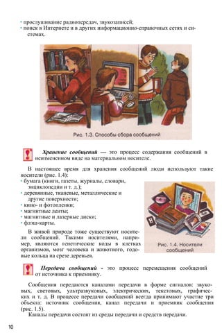 • прослушивание радиопередач, звукозаписей;
• поиск в Интернете и в других информационно-справочных сетях и си­
стемах.
Хранение сообщений — это процесс содержания сообщений в
неизмененном виде на материальном носителе.
В настоящее время для хранения сообщений люди используют такие
носители (рис. 1.4):
• бумага (книги, газеты, журналы, словари,
энциклопедии и т. д.);
• деревянные, тканевые, металлические и
другие поверхности;
• кино- и фотопленки;
• магнитные ленты;
• магнитные и лазерные диски;
• флэш-карты.
В живой природе тоже существуют носите­
ли сообщений. Такими носителями, напри­
мер, являются генетические коды в клетках
организмов, мозг человека и животного, годо­
вые кольца на срезе деревьев.
Передача сообщений - это процесс перемещения сообщений
от источника к приемнику.
Сообщения передаются каналами передачи в форме сигналов: звуко­
вых, световых, ультразвуковых, электрических, текстовых, графичес­
ких и т. д. В процессе передачи сообщений всегда принимают участие три
объекта: источник сообщения, канал передачи и приемник сообщения
(рис. 1.5).
Каналы передачи состоят из среды передачи и средств передачи.
10
 