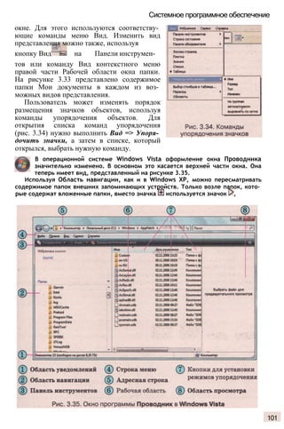 Системное программное обеспечение
окне. Для этого используются соответству­
ющие команды меню Вид. Изменить вид
представления можно также, используя
кнопку Вид на Панели инструмен­
тов или команду Вид контекстного меню
правой части Рабочей области окна папки.
На рисунке 3.33 представлено содержимое
папки Мои документы в каждом из воз­
можных видов представления.
Пользователь может изменять порядок
размещения значков объектов, используя
команды упорядочения объектов. Для
открытия списка команд упорядочения
(рис. 3.34) нужно выполнить Вид => Упоря­
дочить значки, а затем в списке, который
открылся, выбрать нужную команду.
В операционной системе Windows Vista оформление окна Проводника
значительно изменено. В основном это касается верхней части окна. Она
теперь имеет вид, представленный на рисунке 3.35.
Используя Область навигации, как и в Windows ХР, можно пересматривать
содержимое папок внешних запоминающих устройств. Только возле папок, кото­
рые содержат вложенные папки, вместо значка используется значок ,
101
 