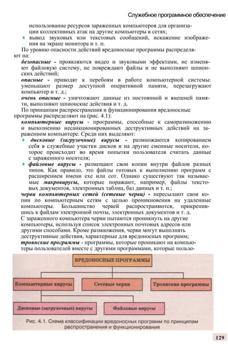 Служебное программное обеспечение
использование ресурсов зараженных компьютеров для организа­
ции коллективных атак на другие компьютеры в сетях;
♦ вывод звуковых или текстовых сообщений, искажение изображе­
ния на экране монитора и т. п.
По уровню опасности действий вредоносные программы распределя­
ют на:
безопасные - проявляются видео и звуковыми эффектами, не изменя­
ют файловую систему, не повреждают файлы и не выполняют шпион­
ских действий;
опасные - приводят к перебоям в работе компьютерной системы:
уменьшают размер доступной оперативной памяти, перезагружают
компьютер и т. д.;
очень опасные - уничтожают данные из постоянной и внешней памя­
ти, выполняют шпионские действия и т. д.
По принципам распространения и функционирования вредоносные
программы распределяют на (рис. 4.1):
компьютерные вирусы - программы, способные к саморазмножению
и выполнению несанкционированных деструктивных действий на за­
раженном компьютере. Среди них выделяют:
♦ дисковые (загрузочные) вирусы - размножаются копированием
себя в служебные участки дисков и на другие сменные носители, ко­
торое происходит во время попытки пользователя считать данные
с зараженного носителя;
♦ файловые вирусы - размещают свои копии внутри файлов разных
типов. Как правило, это файлы готовых к выполнению программ с
расширением имени ехе или сот. Однако существуют так называе­
мые макровирусы, которые поражают, например, файлы тексто­
вых документов, электронных таблиц, баз данных и т. п.;
черви компьютерных сетей (сетевые черви) - пересылают свои ко­
пии по компьютерным сетям с целью проникновения на удаленные
компьютеры. Большинство червей распространяются, прикрепив­
шись к файлам электронной почты, электронных документов и т. д.
С зараженного компьютера черви пытаются проникнуть на другие
компьютеры, используя список электронных почтовых адресов или
другими способами. Кроме размножения, черви могут выполнять
деструктивные действия, характерные для вредоносных программ;
троянские программы - программы, которые проникают на компью­
теры пользователей вместе с другими программами, которые пользо-
129
 