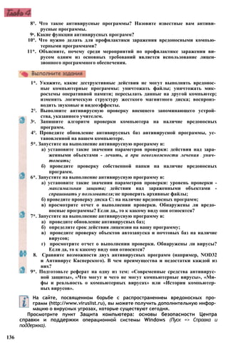 8°. Что такое антивирусные программы? Назовите известные вам антиви­
русные программы.
9е. Какие функции антивирусных программ?
10°. Что нужно делать для профилактики заражения вредоносными компью­
терными программами?
11*. Объясните, почему среди мероприятий по профилактике заражения ви­
русом одним из основных требований является использование лицен­
зионного программного обеспечения.
1*. Укажите, какие деструктивные действия не могут выполнять вредонос­
ные компьютерные программы: уничтожать файлы; уничтожать мик­
росхемы оперативной памяти; пересылать данные на другой компьютер;
изменять логическую структуру жесткого магнитного диска; воспроиз­
водить звуковые и видеоэффекты.
2°. Выполните антивирусную проверку внешнего запоминающего устрой­
ства, указанного учителем.
3е. Запишите алгоритм проверки компьютера на наличие вредоносных
программ.
4°. Проведите обновление антивирусных баз антивирусной программы, ус­
тановленной на вашем компьютере.
5*. Запустите на выполнение антивирусную программу и:
а) установите такие значения параметров проверки: действия над зара­
женными объектами - лечить, а при невозможности лечения - унич­
тожать;
б) проведите проверку собственной папки на наличие вредоносных
программ.
6*. Запустите на выполнение антивирусную программу и:
а) установите такие значения параметров проверки: уровень проверки -
максимальная защита; действия над зараженными объектами -
спрашивать у пользователя;не проверять архивные файлы;
б) проведите проверку диска С: на наличие вредоносных программ;
в) просмотрите отчет о выполнении проверки. Обнаружены ли вредо­
носные программы? Если да,, то к какому виду они относятся?
7*. Запустите на выполнение антивирусную программу и:
а) проведите обновление антивирусных баз;
б) определите срок действия лицензии на вашу программу;
в) проведите проверку объектов автозапуска и почтовых баз на наличие
вирусов;
г) просмотрите отчет о выполнении проверки. Обнаружены ли вирусы?
Если да, то к какому виду они относятся?
8. Сравните возможности двух антивирусных программ (например, NOD32
и Антивирус Касперского). В чем преимущества и недостатки каждой из
них?
9*. Подготовьте реферат на одну из тем: «Современные средства антивирус­
ной защиты», «Что могут и чего не могут компьютерные вирусы», «Ми­
фы и реальность о компьютерных вирусах» или «История компьютер­
ных вирусов».
На сайте, посвященном борьбе с распространением вредоносных про­
грамм (http://www.viruslist.ru), вы можете получить дополнительную инфор­
мацию о вирусных угрозах, которые существуют сегодня.
Просмотрите пункт Защита компьютера: основы безопасности Центра
справки и поддержки операционной системы Windows (Пуск => Справка и
поддержка).
136
 