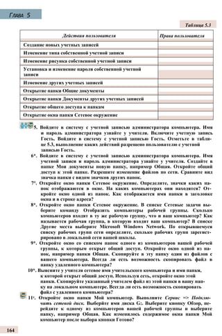 5. Войдите в систему с учетной записью администратора компьютера. Имя
и пароль администратора узнайте у учителя. Включите учетную запись
Гость. Войдите в систему с учетной записью Гость. Отметьте в табли­
це 5.3, выполнение каких действий разрешено пользователю с учетной
записью Гость.
6*. Войдите в систему с учетной записью администратора компьютера. Имя
учетной записи и пароль администратора узнайте у учителя. Создайте в
папке Мои документы новую папку, например Общая. Откройте общий
доступ к этой папке. Разрешите изменение файлов по сети. Сравните вид
значка папки с видом значков других папок.
7°. Откройте окно папки Сетевое окружение. Определите, значки каких па­
пок отображаются в окне. На каких компьютерах они находятся? От­
кройте окно одной из папок. Как отображается имя папки в заголовке
окна и в строке адреса?
8*. Откройте окно папки Сетевое окружение. В списке Сетевые задачи вы­
берите команду Отобразить компьютеры рабочей группы. Сколько
компьютеров входят в ту же рабочую группу, что и ваш компьютер? Как
называется рабочая группа, в которую входит ваш компьютер? В списке
Другие места выберите Microsoft Windows Network. По открывшемуся
списку рабочих групп сети определите, сколько рабочих групп зарегист­
рировано в локальной сети вашей школы.
9*. Откройте окно со списком папок одного из компьютеров вашей рабочей
группы, к которым открыт общий доступ. Откройте окно одной из па­
пок, например папки Общая. Скопируйте в эту папку один из файлов с
вашего компьютера. Всегда ли есть возможность скопировать файл в
папку удаленного компьютера?
10*. Выясните у учителя сетевое имя учительского компьютера и имя папки,
к которой открыт общий доступ. Используя сеть, откройте окно этой
папки. Скопируйте указанный учителем файл из этой папки в вашу пап­
ку на локальном компьютере. Всегда ли есть возможность скопировать
файл с удаленного компьютера?
11е. Откройте окно папки Мой компьютер. Выполните Сервис => Подклю­
чить сетевой диск. Выберйте имя диска G:. Выберите кнопку Обзор, пе­
рейдите к одному из компьютеров вашей рабочей группы и выберите
папку, например Общая. Как изменилось содержимое окна папки Мой
компьютер после выбора кнопки Готово?
164
Глава 5
Таблица 5.3
Действия пользователя Права пользователя
Создание новых учетных записей
Изменение типа собственной учетной записи
Изменение рисунка собственной учетной записи
Установка и изменение пароля собственной учетной
записи
Изменение других учетных записей
Открытие папки Общие документы
Открытие папки Документы других учетных записей
Открытие общего доступа к папкам
Открытие окна папки Сетевое окружение
 