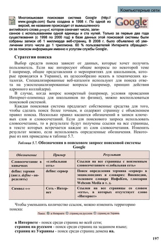 Компьютерные сети
Многоязыковая поисковая система Google (http://
www.google.com) была создана в 1998 г. По одной из
версий, ее название происходит от вымышленного
английского слова googol, которое означает число, запи­
санное с использованием одной единицы и ста нулей. Только за первые два года
существования (с 1998 по 2000 год) в базе данных этой поисковой системы были
собраны записи об 1 миллиарде веб-страниц. В 2008 г. было объявлено об уве­
личении этого числа до 1 триллиона. 60 % пользователей Интернета обращают­
ся за поиском информации именно к услугам службы Google.
Стратегии поиска
Выбор средств поиска зависит от данных, которые хочет получить
пользователь. Если вас интересуют общие вопросы по некоторой теме
I например, общие представления о мероприятиях для школьников, кото­
рые проводятся в Украине), их целесообразно искать в тематических ка­
талогах. Специализированные веб-каталоги используют для поиска отве­
та на узкоспециализированные вопросы (например, принцип действия
адронного коллайдера).
В случае, когда вопрос конкретный (например, условия проведения
Интернет-олимпиад для школьников по физике), можно воспользоваться
поисковой системой.
Каждая поисковая система предлагает собственные средства для того,
чтобы сделать поиск более точным, и содержит страницу с объяснением
правил поиска. Несколько правил касаются обозначений в записи ключе­
вых слов и словосочетаний. Если для поискового запроса использовать
словосочетание, то в результате будут получены ссылки на все страницы,
в тексте которых встречается каждое из слов словосочетания. Изменить
результат можно, если использовать определенные обозначения. Некото­
рые из них приведены в таблице 5.7.
Таблица 5.7. Обозначения в поисковом запросе поисковой системы
Google
Чтобы уменьшить количество ссылок, можно изменить территорию
поиска:
в Интернете - поиск среди страниц во всей сети;
страниц на русском - поиск среди страниц на заданном языке;
страниц из Украины - поиск среди страниц домена иа.
197
Обозначение Пример Результат
Словосочетание в
кавычках
«глобальная
сеть»
Ссылки на все страницы с неизменным
словосочетанием «глобальная сеть»
define: термин
j (англ. define - оп­
ределить)
define: сервер Поиск определения термина «сервер» в
энциклопедиях и словарях: Википедии,
толковом словаре ИнфоКом, глоссарии
Webcom Media и т. д.
Символ «-» Сеть - Интер­
нет
Ссылки на все страницы со словом
«сеть», в которых отсутствует слово
«Интернет»
 