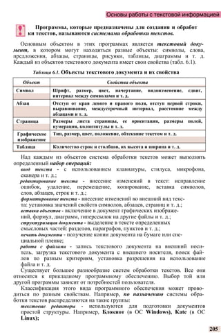 Основы работы с текстовой информацией
Программы, которые предназначены для создания и обработ
ки текстов, называются системами обработки текстов.
Основным объектом в этих программах является текстовый доку­
мент, в котором могут находиться разные объекты: символы, слова,
предложения, абзацы, страницы, рисунки, таблицы, диаграммы и т. д.
Каждый из объектов текстового документа имеет свои свойства (табл. 6.1).
Таблица 6.1. Объекты текстового документа и их свойства
Объект Свойства объекта
Символ Шрифт, размер, цвет, начертание, видоизменение, сдвиг,
интервал между символами и т. д.
Абзац Отступ от края левого и правого поля, отступ первой строки,
выравнивание, междустрочный интервал, расстояние между
абзацами и т. д.
Страница Размеры листа страницы, ее ориентация, размеры полей,
нумерация, колонтитулы и т. д.
Графическое
изображение
Тип, размер, цвет, положение, обтекание текстом и т. д.
Таблица Количество строк и столбцов, их высота и ширина и т. д.
Над каждым из объектов система обработки текстов может выполнять
определенный набор операций:
ввод текста - с использованием клавиатуры, стилуса, микрофона,
сканера и т. д.;
редактирование текста - внесение изменений в текст: исправление
ошибок, удаление, перемещение, копирование, вставка символов,
слов, абзацев, строк и т. д.;
форматирование текста - внесение изменений во внешний вид текс­
та: установка значений свойств символов, абзацев, страниц и т. д.;
вставка объектов - включение в документ графических изображе­
ний, формул, диаграмм, гиперссылок на другие файлы и т. д.;
структуризация документа - выделение в тексте определенных
смысловых частей: разделов, параграфов, пунктов и т. д.;
печать документа - получение копии документа на бумаге или спе­
циальной пленке;
работа с файлами - запись текстового документа на внешний носи­
тель, загрузка текстового документа с внешнего носителя, поиск фай­
лов по разным критериям, установка разрешения на использование
файла и т. д.
Существует большое разнообразие систем обработки текстов. Все они
относятся к прикладному программному обеспечению. Выбор той или
другой программы зависит от потребностей пользователя.
Классификация этого вида программного обеспечения может прово­
диться по разным свойствам. Например, по назначению системы обра­
ботки текстов распределяются на такие группы:
текстовые редакторы - используются для подготовки документов
простой структуры. Например, Блокнот (в ОС Windows), Kate (в ОС
Linux);
205
 