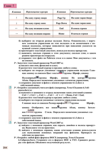 Глава 6
Клавиша Перемещение курсора Клавиша Перемещение курсора
↑ На одну строку вверх Page Up На один экран йверх
↓ На одну строку вниз Page Down На один экран вниз
← На одну позицию влево End В конец строки
→ На одну позицию вправо Home В начало строки
б) выберите по очереди разные вкладки Ленты. Ознакомьтесь с переч­
нем элементов управления на этих вкладках и их назначением с по­
мощью подсказок, которые появляются при наведении указателя на
нужный элемент управления;
в) просмотрите текстовый документ, используя полосы прокрутки;
г) выясните, сколько страниц в этом документе; сколько слов; в каком
режиме просмотра он открылся;
д) сохраните этот файл на Рабочем столе и в папке Мои документы с тем
же именем.
2*. Запустите текстовый процессор Word 2007 и;
а) введите свое имя, фамилию и класс;
б) разместите текстовый курсор в середине любого слова;
в) выберите по очереди указанные элементы управления вкладки Глав­
ная: кнопку со списком Цвет текста группы Шрифт, кнопку
Полужирный группы Шрифт, кнопку По центру группы
Абзац. Определите назначение указанных элементов управления;
г) сохраните документ в файле с именем упражнение 6.1.2.docx в
собственной папке.
3*. Откройте указанный учителем файл (например, Тема 63адания 6.1об-
paseu.docx) и:
а) выясните и запишите в тетрадь назначения таких сочетаний клавиш:
Ctrl + ↑, Ctrl + ↓, Ctrl +←, Ctrl + →C t r l + Home, Ctrl + End;
б) разместите текстовый курсор в середине любого слова;
в) выберите по очереди указанные элементы управления вкладки
Главная: поле со списком Размер шрифта группы Шрифт,
кнопку Отобразить все знаки группы Абзац, кнопку Заголо­
вок 1 группы Стили. Определите назначение указанных эле­
ментов управления;
г) сохраните документ в файле с именем упражнение 6.1.3.docx в
собственной папке.
4*. Запустите текстовый процессор Word 2007 и:
а) найдите с помощью справки, как скрыть линейки и полосы прокрут­
ки. Выполните это на практике;
б) найдите с помощью справки, какие сочетания клавиш используются
для выполнения основных операций над файлами. Проверьте их
действие на практике.
5*. Откройте любой файл формата DOCX (например, Тема 63адания
6.1образецЛосх). Сохраните его в формате DOC и TXT. Сравните разме­
ры этих файлов. Объясните полученный результат.
214
 