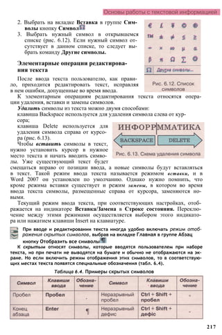 Основы работы с текстовой информацией
2. Выбрать на вкладке Вставка в группе Сим­
волы кнопку Символ
3. Выбрать нужный символ в открывшемся
списке (рис. 6.12). Если нужный символ от­
сутствует в данном списке, то следует вы­
брать команду Другие символы.
Элементарные операции редактирова­
ния текста
После ввода текста пользователю, как прави­
ло, приходится редактировать текст, исправляя
в нем ошибки, допущенные во время ввода.
К элементарным операциям редактирования текста относятся опера­
ции удаления, вставки и замены символов.
Удалить символы из текста можно двумя способами:
клавиша Backspace используется для удаления символа слева от кур­
сора;
клавиша Delete используется для
удаления символа справа от курсо­
ра (рис. 6.13).
Чтобы вставить символы в текст,
нужно установить курсор в нужное
место текста и начать вводить симво­
лы. Уже существующий текст будет
смещаться вправо от позиции ввода, а новые символы будут вставляться
в текст. Такой режим ввода текста называется режимом вставки, и в
Word 2007 он установлен по умолчанию. Однако нужно помнить, что
кроме режима вставки существует и режим замены, в котором во время
ввода текста символы, размещенные справа от курсора, заменяются но­
выми.
Текущий режим ввода текста, при соответствующих настройках, отоб­
ражается на индикаторе Вставка/Замена в Строке состояния. Переклю­
чение между этими режимами осуществляется выбором этого индикато­
ра или нажатием клавиши Insert на клавиатуре.
Таблица 6.4. Примеры скрытых символов
217
При вводе и редактировании текста иногда удобно включать режим отоб­
ражения скрытых символов, выбрав на вкладке Главная в группе Абзац
кнопку Отобразить все символы
К скрытым относят символы, которые вводятся пользователем при наборе
текста, но при печати не выводятся на бумаге и обычно не отображаются на эк­
ране. Но если включить режим отображения этих символов, то в соответствую­
щих местах текста появятся специальные обозначения (табл. 6.4).
 