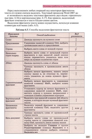 Основы работы с текстовой информацией
Перед выполнением любых операций над некоторым фрагментом
текста его нужно сначала выделить. Текстовый процессор Word 2007 да-
ет возможность выделять текстовые фрагменты двух видов: горизонталь-
ные (рис. 6.16) и вертикальные (рис. 6.17). Как правило, выделенный
фрагмент отмечается в тексте бледно-синим цветом.
Выделение фрагмента текста можно осуществить, используя клавиши
клавиатуры или мышь (табл. 6.5).
Таблица 6.5. Способы выделения фрагментов текста
223
 