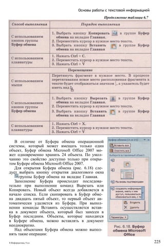 Основы работы с текстовой информацией
Продолжение таблицы 6.7
В отличие от Буфера обмена операционной
системы, который может вмещать только один
объект, Буфер обмена Microsoft Office 2007 мо­
жет одновременно хранить 24 объекта. По умол­
чанию это свойство доступно только при откры­
том Буфере обмена Microsoft Office 2007.
Для открытия Буфера обмена (рис. 6.18) сле­
дует выбрать кнопку открытия диалогового окна
группы Буфер обмена на вкладке Главная.
Заполнение Буфера происходит последова­
тельно при выполнении команд Вырезать или
Копировать. Новый объект всегда добавляется в
начало списка. Если скопировать в Буфер обме­
на двадцать пятый объект, то первый объект ав­
томатически удаляется из Буфера. При выпол­
нении команды Вставить осуществляется встав­
ка в документ объекта, который был занесен в
Буфер последним. Объекты, которые находятся
в Буфере обмена, можно вставлять в документ
неоднократно.
Над объектами Буфера обмена можно выпол­
нять такие операции:
8 Информатика, 9 кл. 225
 