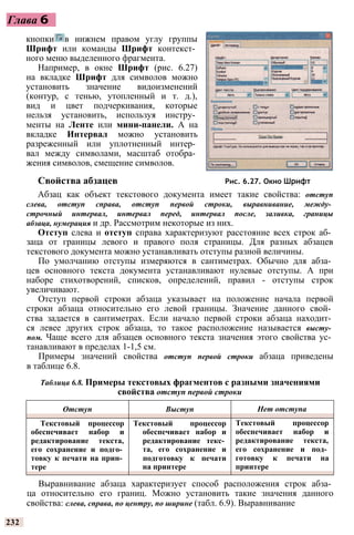 Глава 6
кнопки в нижнем правом углу группы
Шрифт или команды Шрифт контекст­
ного меню выделенного фрагмента.
Например, в окне Шрифт (рис. 6.27)
на вкладке Шрифт для символов можно
установить значение видоизменений
(контур, с тенью, утопленный и т. д.),
вид и цвет подчеркивания, которые
нельзя установить, используя инстру­
менты на Ленте или мини-панели. А на
вкладке Интервал можно установить
разреженный или уплотненный интер­
вал между символами, масштаб отобра­
жения символов, смещение символов.
Свойства абзацев Рис. 6.27. Окно Шрифт
Абзац как объект текстового документа имеет такие свойства: отступ
слева, отступ справа, отступ первой строки, выравнивание, между­
строчный интервал, интервал перед, интервал после, заливка, границы
абзаца, нумерация и др. Рассмотрим некоторые из них.
Отступ слева и отступ справа характеризуют расстояние всех строк аб­
заца от границы левого и правого поля страницы. Для разных абзацев
текстового документа можно устанавливать отступы разной величины.
По умолчанию отступы измеряются в сантиметрах. Обычно для абза­
цев основного текста документа устанавливают нулевые отступы. А при
наборе стихотворений, списков, определений, правил - отступы строк
увеличивают.
Отступ первой строки абзаца указывает на положение начала первой
строки абзаца относительно его левой границы. Значение данного свой­
ства задается в сантиметрах. Если начало первой строки абзаца находит­
ся левее других строк абзаца, то такое расположение называется высту­
пом. Чаще всего для абзацев основного текста значения этого свойства ус­
танавливают в пределах 1-1,5 см.
Примеры значений свойства отступ первой строки абзаца приведены
в таблице 6.8.
Таблица 6.8. Примеры текстовых фрагментов с разными значениями
свойства отступ первой строки
Отступ Выступ Нет отступа
Текстовый процессор
обеспечивает набор и
редактирование текста,
его сохранение и подго­
товку к печати на прин­
тере
Текстовый процессор
обеспечивает набор и
редактирование текс­
та, его сохранение и
подготовку к печати
на принтере
Текстовый процессор
обеспечивает набор и
редактирование текста,
его сохранение и под­
готовку к печати на
принтере
Выравнивание абзаца характеризует способ расположения строк абза­
ца относительно его границ. Можно установить такие значения данного
свойства: слева, справа, по центру, по ширине (табл. 6.9). Выравнивание
232
 