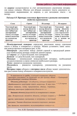 Основы работы с текстовой информацией
по ширине осуществляется за счет автоматического увеличения интерва­
лов между словами. Обычно для абзацев основного текста документа ус­
танавливают выравнивание по ширине, а для заголовков текста - по
центру.
Таблица 6.9. Примеры текстовых фрагментов с разными значениями
свойства выравнивание
Слева Справа По центру По ширине
Текстовый про­
цессор обеспечи­
вает набор и ре­
дактирование
текста, его сохра­
нение и подготов­
ку к печати на
принтере
Текстовый про­
цессор обеспечи­
вает набор и ре­
дактирование
текста, его сохра­
нение и подготов­
ку к печати на
принтере
Текстовый про­
цессор обеспечи­
вает набор и ре­
дактирование
текста, его сохра­
нение и подготов­
ку к печати на
принтере
Текстовый про­
цессор обеспечи­
вает набор и ре­
д а к т и р о в а н и е
текста, его сохра­
нение и подготов­
ку к печати на
принтере
Междустрочный интервал определяет расстояние между строчками
текста в абзаце и измеряется в пунктах. Можно установить такие значе­
ния междустрочного интервала (рис. 6.28):
Одинарный - расстояние между данной строкой и предыдущей равня­
ется наибольшему размеру символов данной строки;
1,5 строки - в 1,5 раза больший, чем одинарный;
Двойной - в 2 раза больший, чем одинарный;
Минимум - минимальный междустрочный интервал, необходимый
для расположения в строке символов наибольшего размера;
Точно - равняется указанному значению;
Множитель - равняется одинарному, умноженному на указанное
число.
Интервал перед абзацем и интервал после абзаца задают дополнитель­
ные расстояния между абзацами и измеряются в пунктах.
233
 